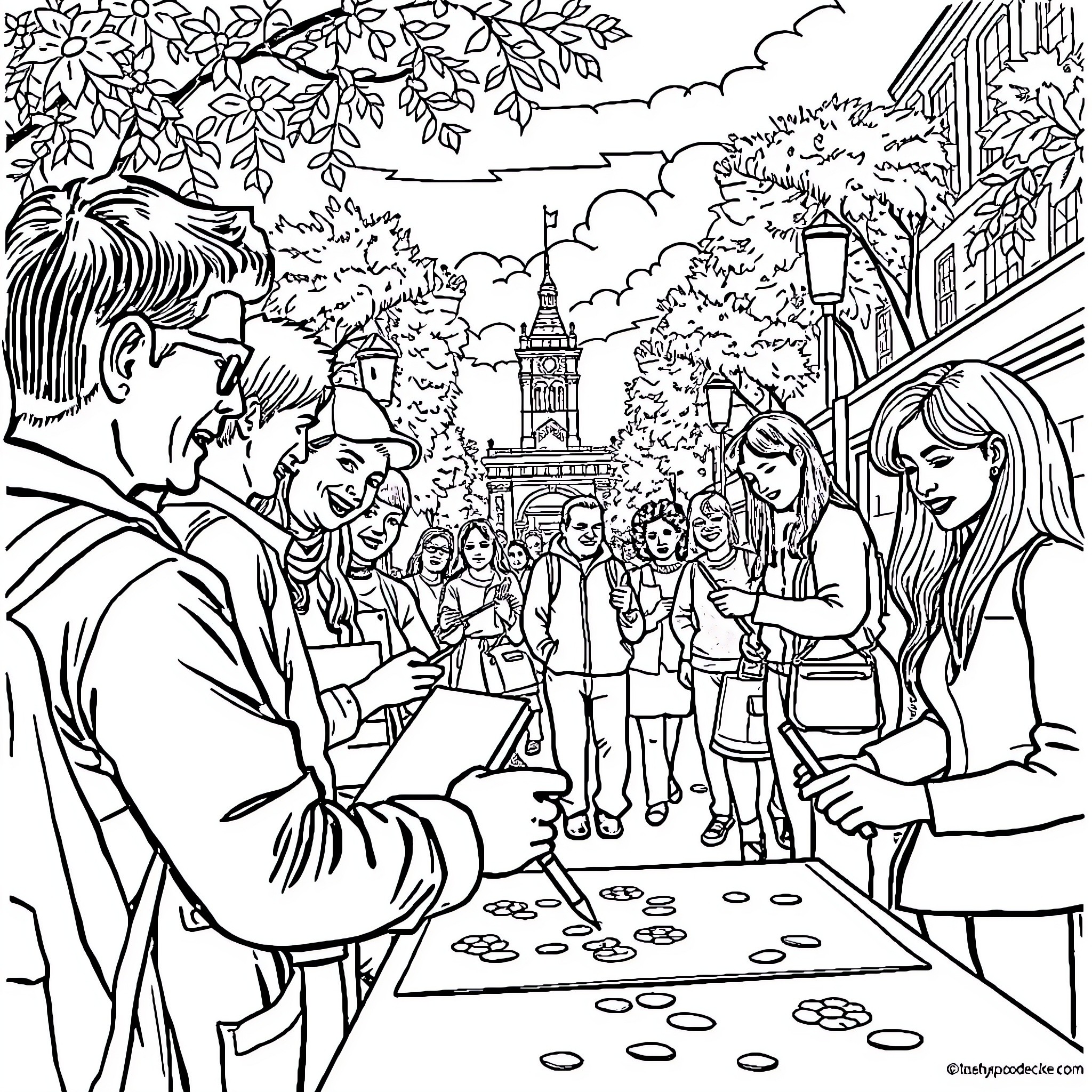 Citizen Participation in Community Planning Coloring Page (free black-and-white line drawing printable PDF for all, from beginners to advanced learners, including children, teens, adults, and seniors)