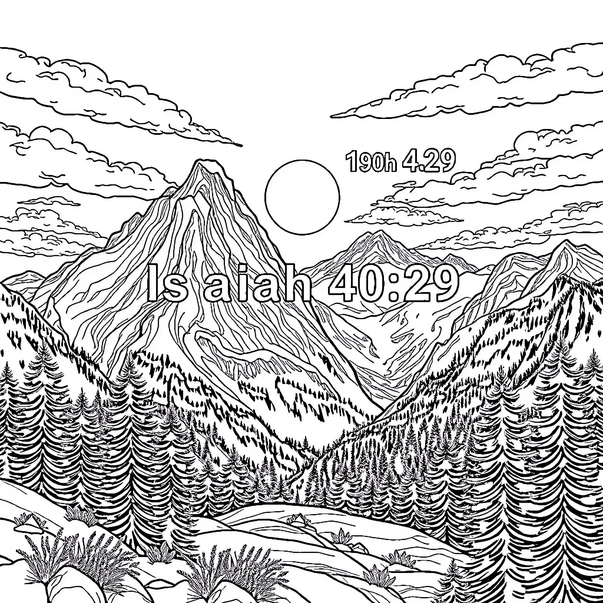 Mountain landscape with scenic views and clouds Coloring Page (free black-and-white line drawing printable PDF for all, from beginners to advanced learners, including children, teens, adults, and seniors)
