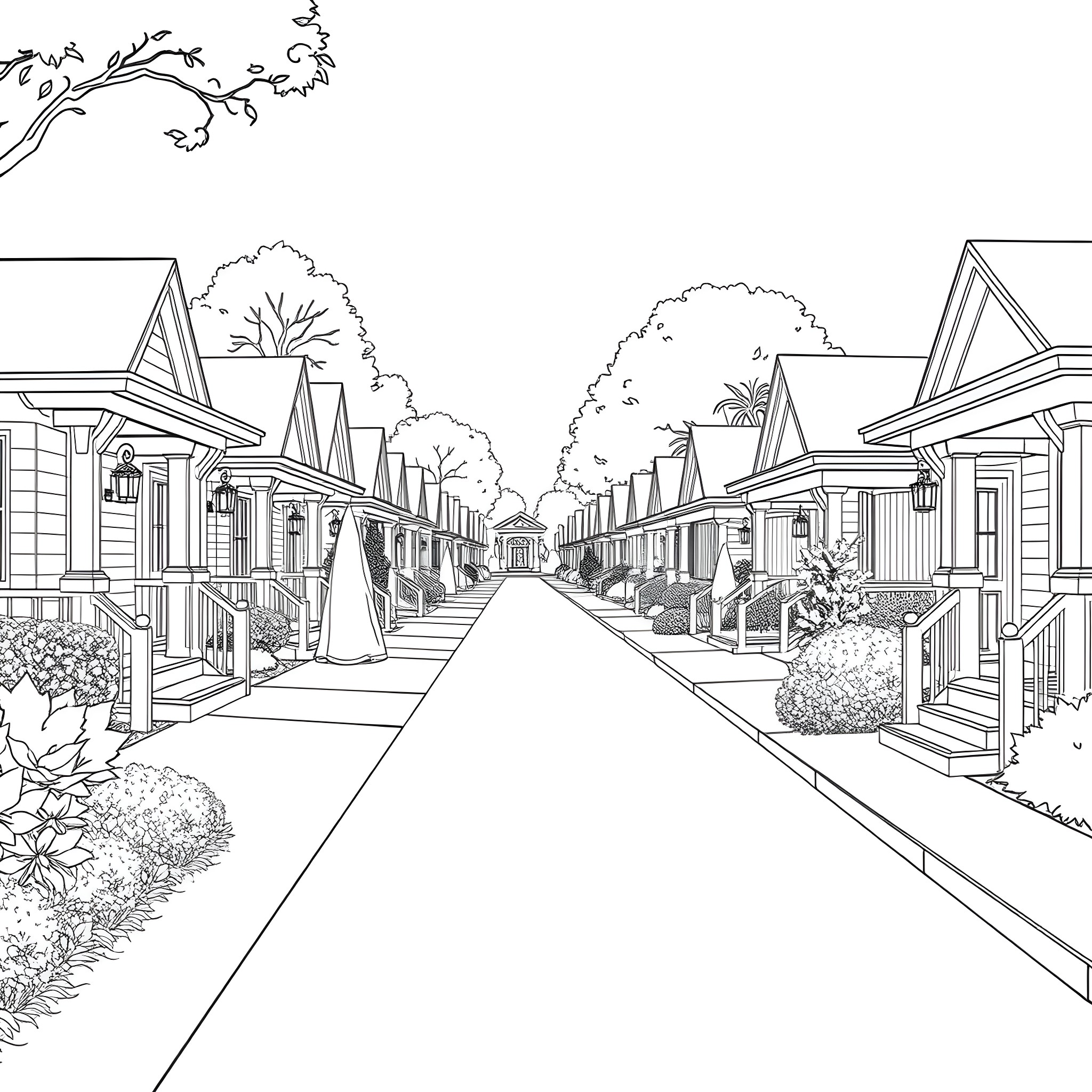 Bungalow Neighborhood with Street and Trees Coloring Page (free black-and-white line drawing printable PDF for all, from beginners to advanced learners, including children, teens, adults, and seniors)
