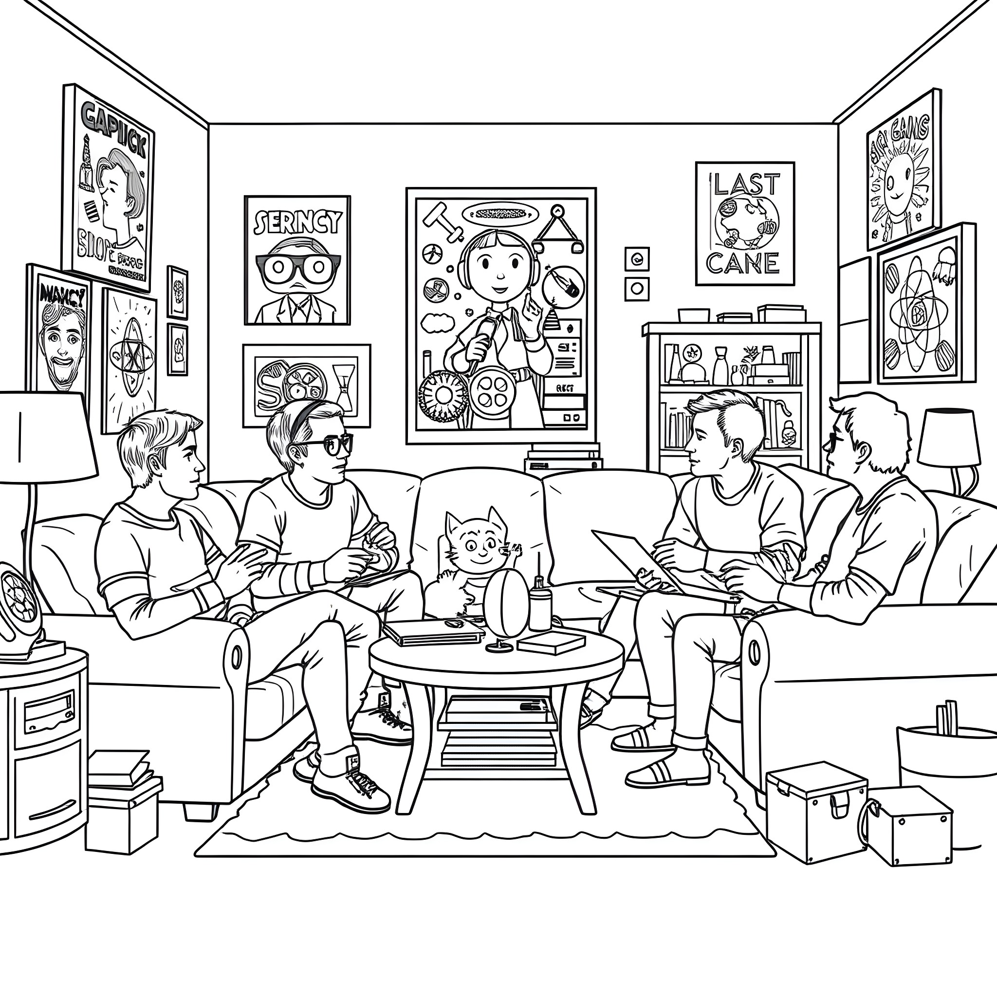 The Big Bang Theory: Friends Gathering in Cozy Living Room Coloring Page (free black-and-white line drawing printable PDF for all, from beginners to advanced learners, including children, teens, adults, and seniors)