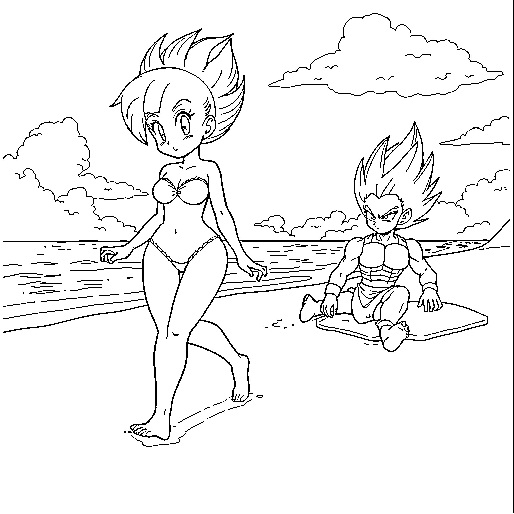 Bulma's Beach Adventure with Vegeta Coloring Page (free black-and-white line drawing printable PDF for all, from beginners to advanced learners, including children, teens, adults, and seniors)