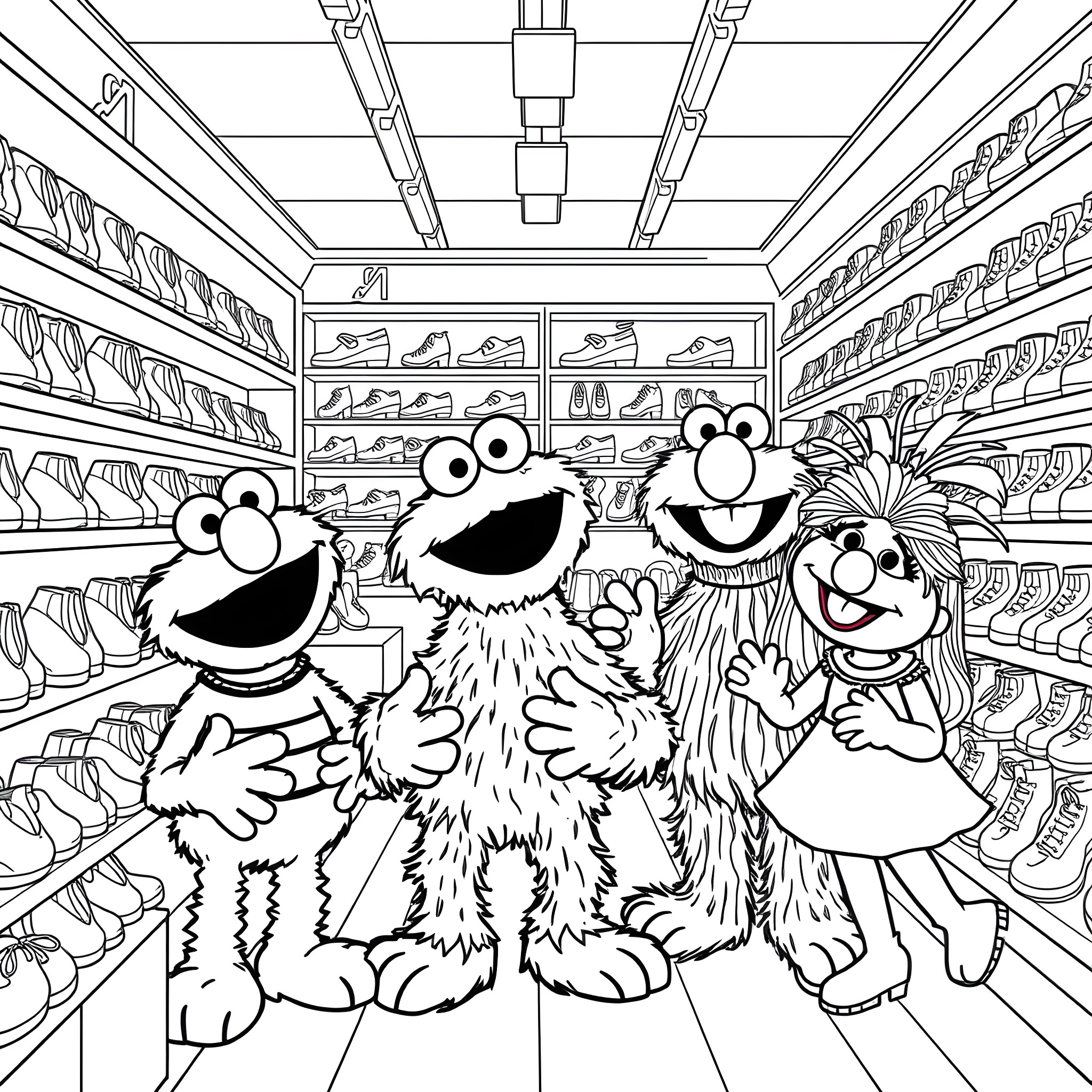 Sesame Street friends shopping in a store Coloring Page (free black-and-white line drawing printable PDF for all, from beginners to advanced learners, including children, teens, adults, and seniors)