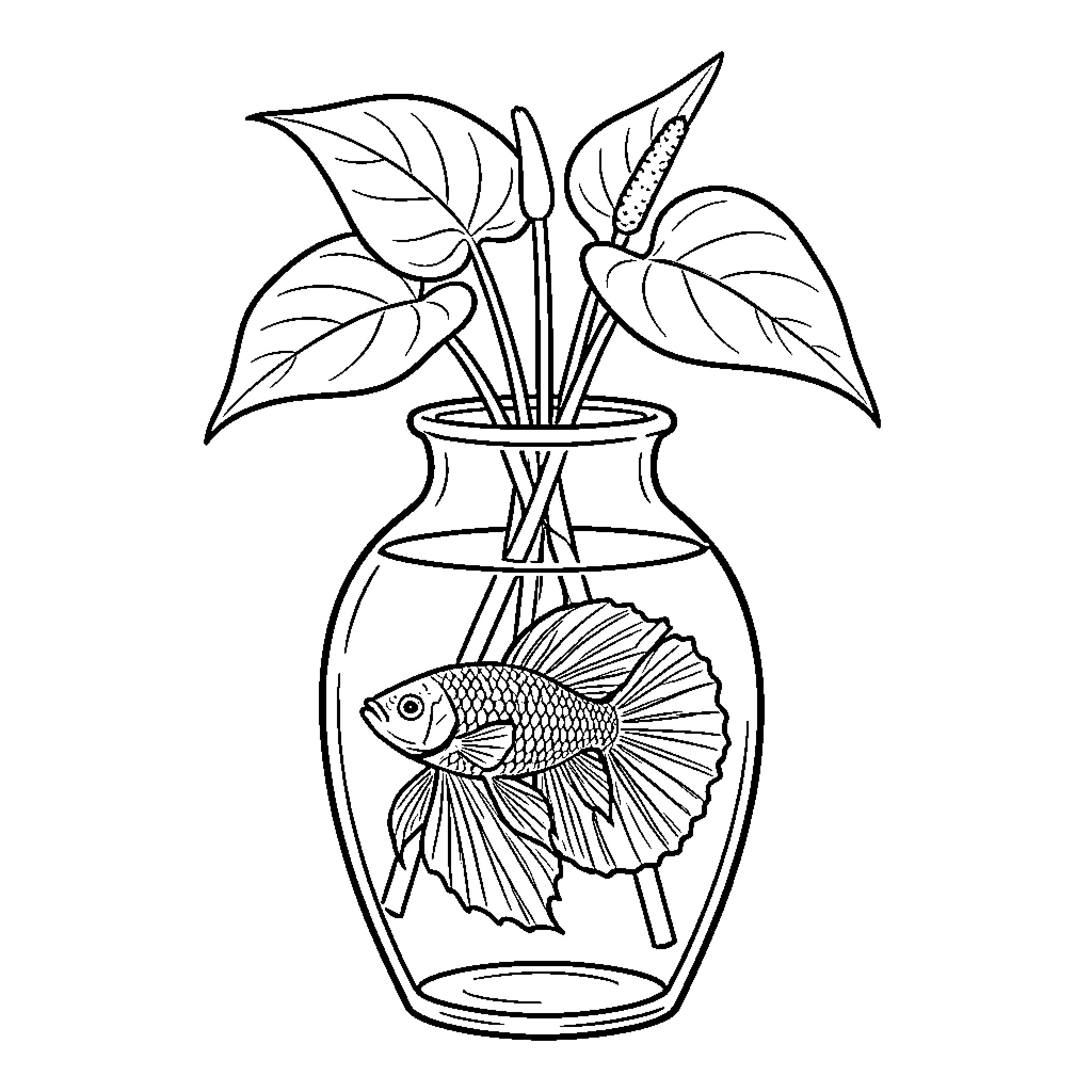 Betta fish swimming inside a vase with aquatic plants Coloring Page (free black-and-white line drawing printable PDF for all, from beginners to advanced learners, including children, teens, adults, and seniors)