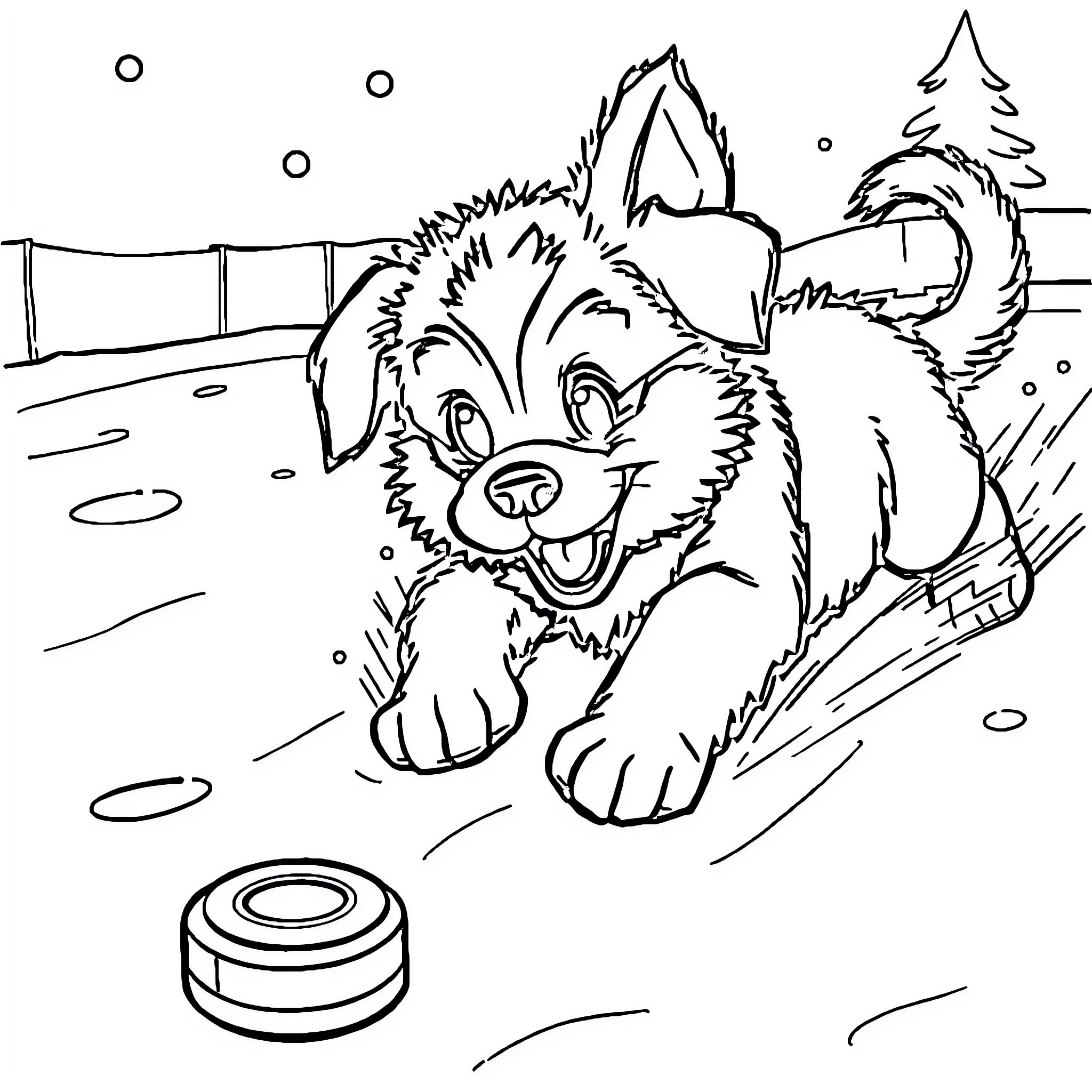 Puppy playing with toy on snowy day Coloring Page (free black-and-white line drawing printable PDF for all, from beginners to advanced learners, including children, teens, adults, and seniors)