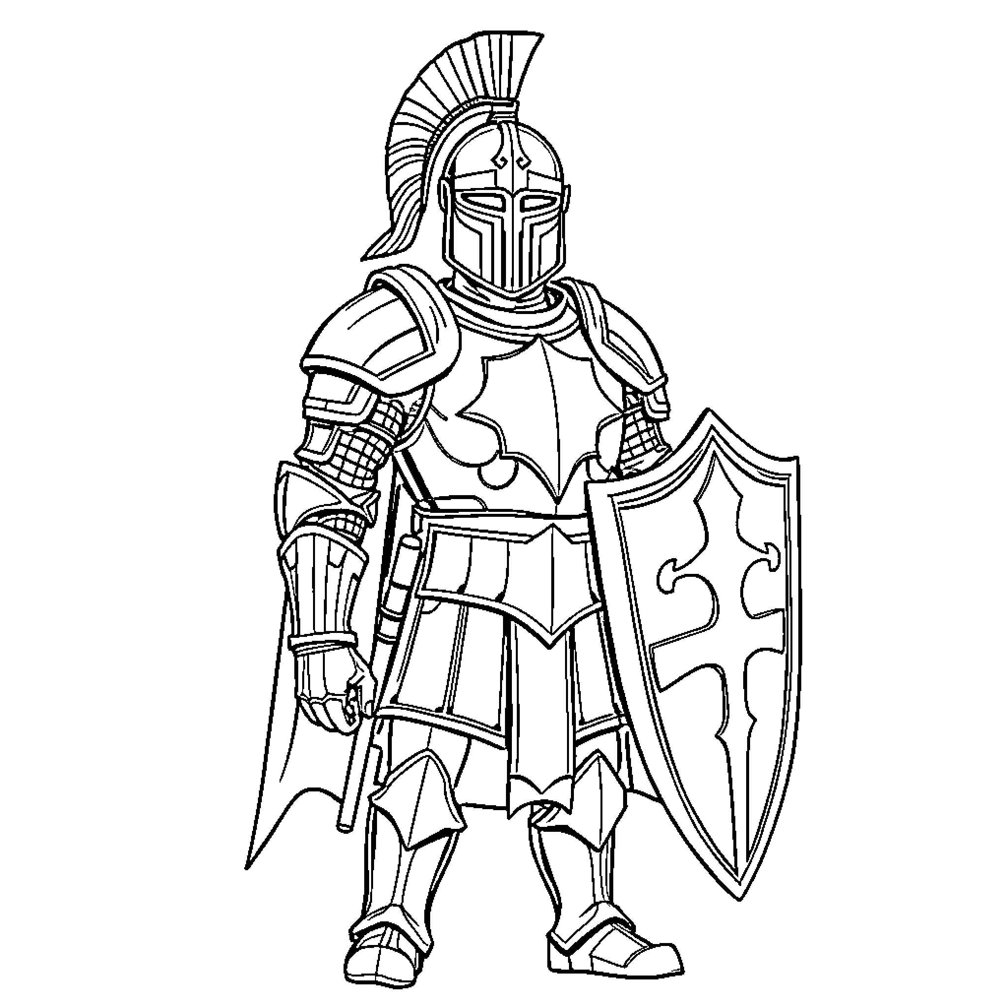 Soldier in Armor with Shield and Sword Coloring Page (free black-and-white line drawing printable PDF for all, from beginners to advanced learners, including children, teens, adults, and seniors)