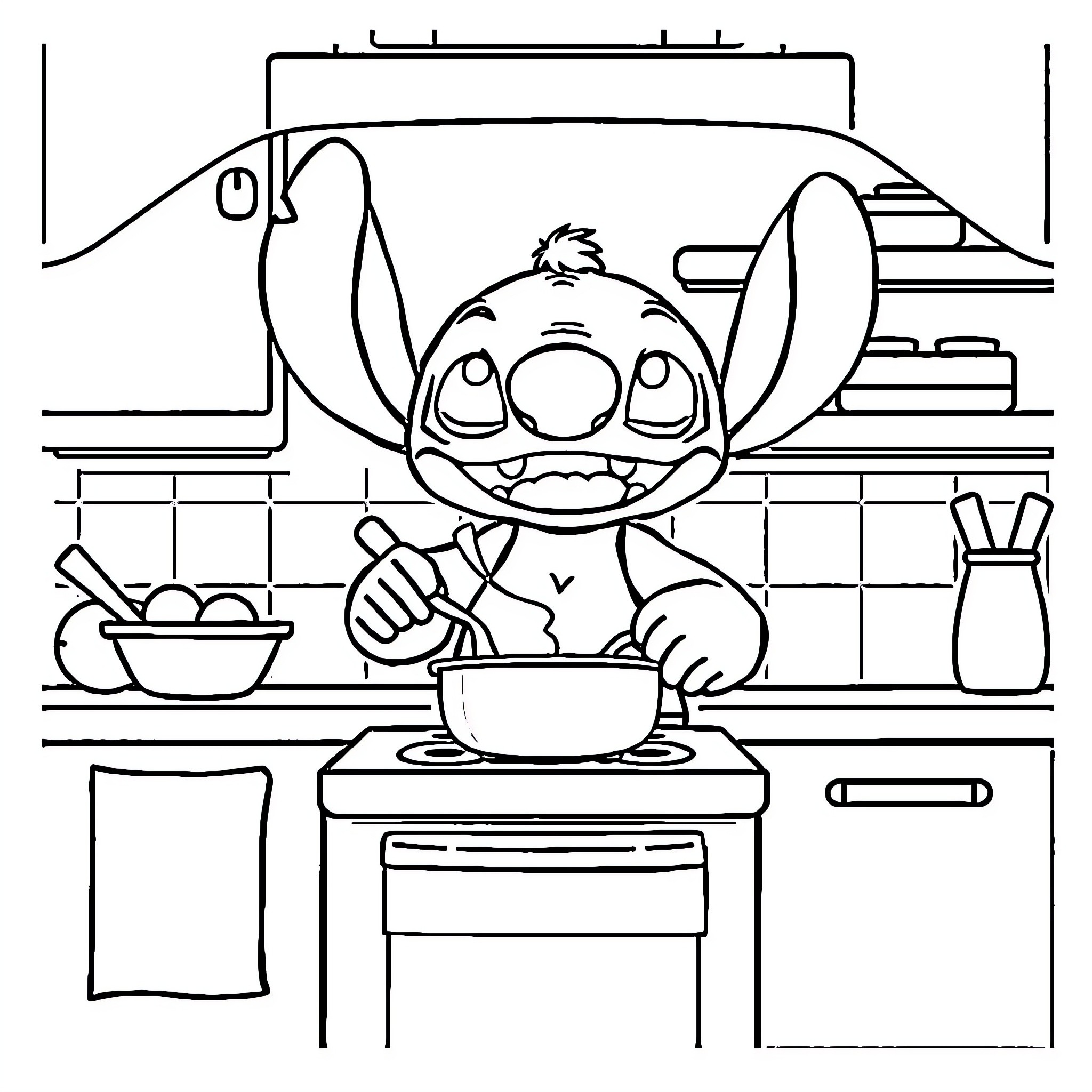 Stitch cooking enthusiastically in the kitchen Coloring Page (free black-and-white line drawing printable PDF for all, from beginners to advanced learners, including children, teens, adults, and seniors)