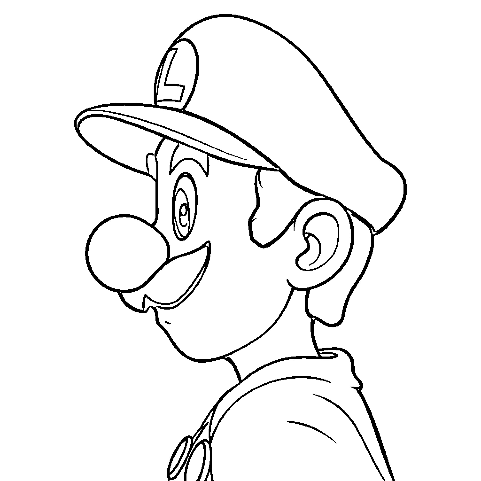 Luigi posing with signature gesture Coloring Page (free black-and-white line drawing printable PDF for all, from beginners to advanced learners, including children, teens, adults, and seniors)
