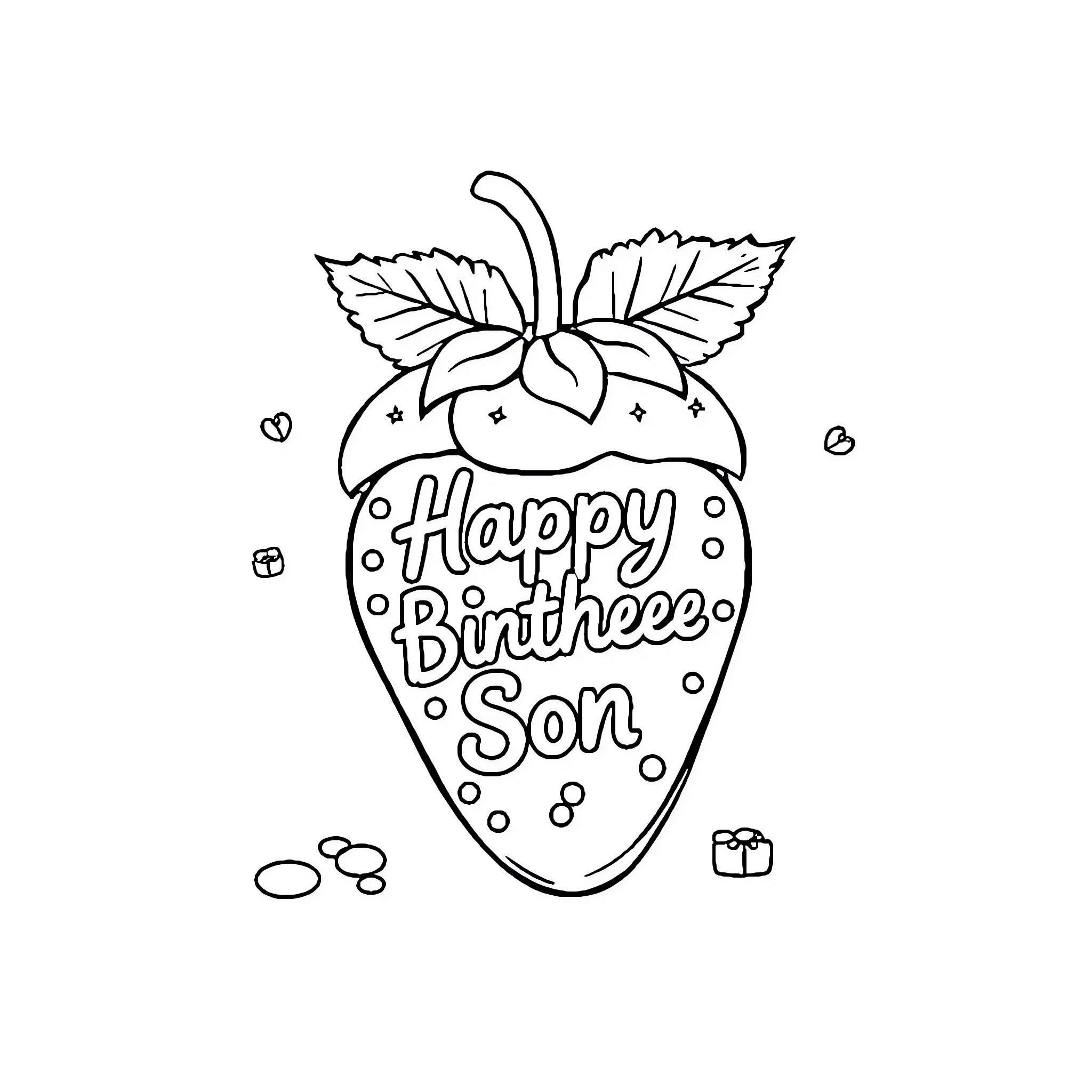 Strawberry-shaped birthday greeting for son Coloring Page (free black-and-white line drawing printable PDF for all, from beginners to advanced learners, including children, teens, adults, and seniors)