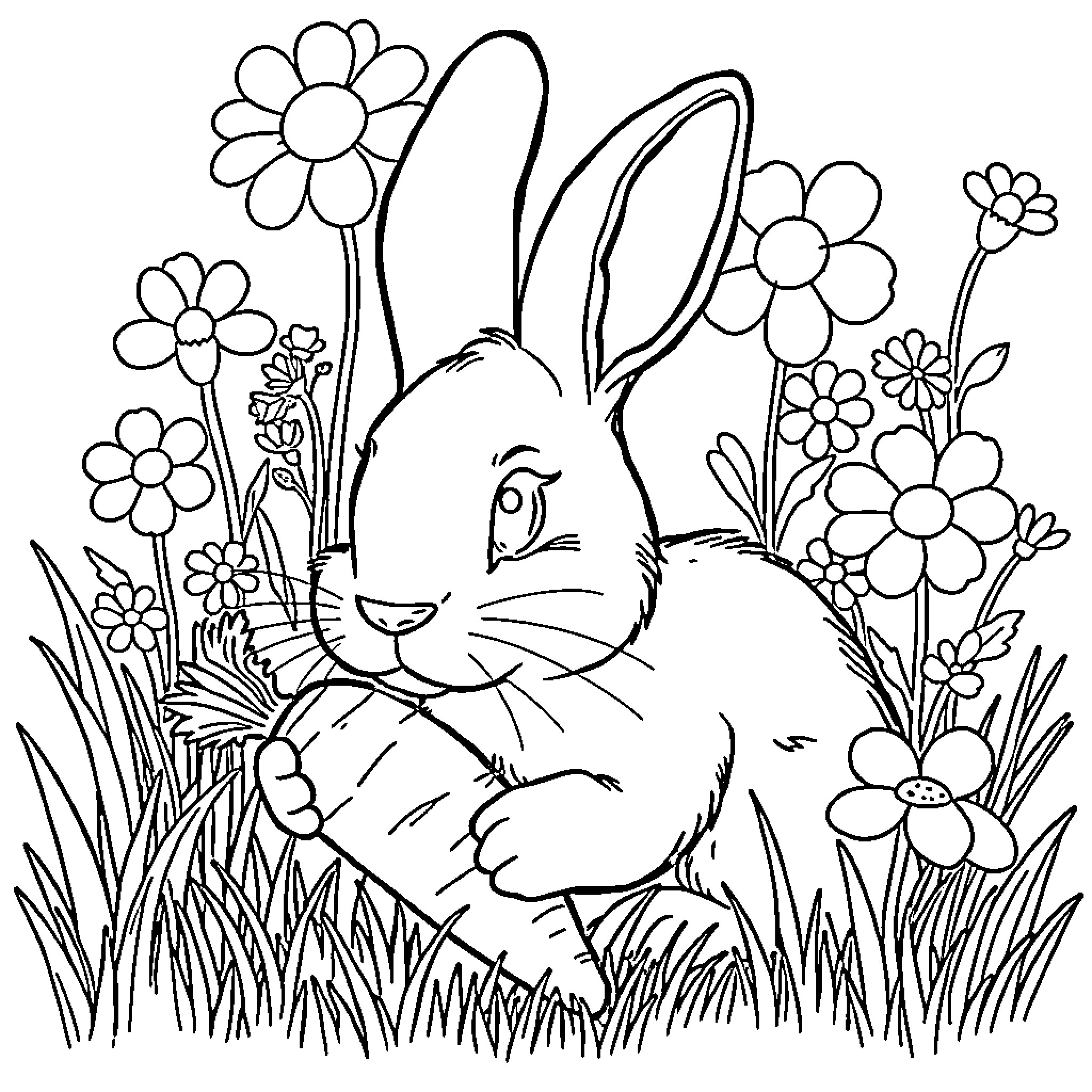 Rabbit in a field of flowers Coloring Page (free black-and-white line drawing printable PDF for all, from beginners to advanced learners, including children, teens, adults, and seniors)
