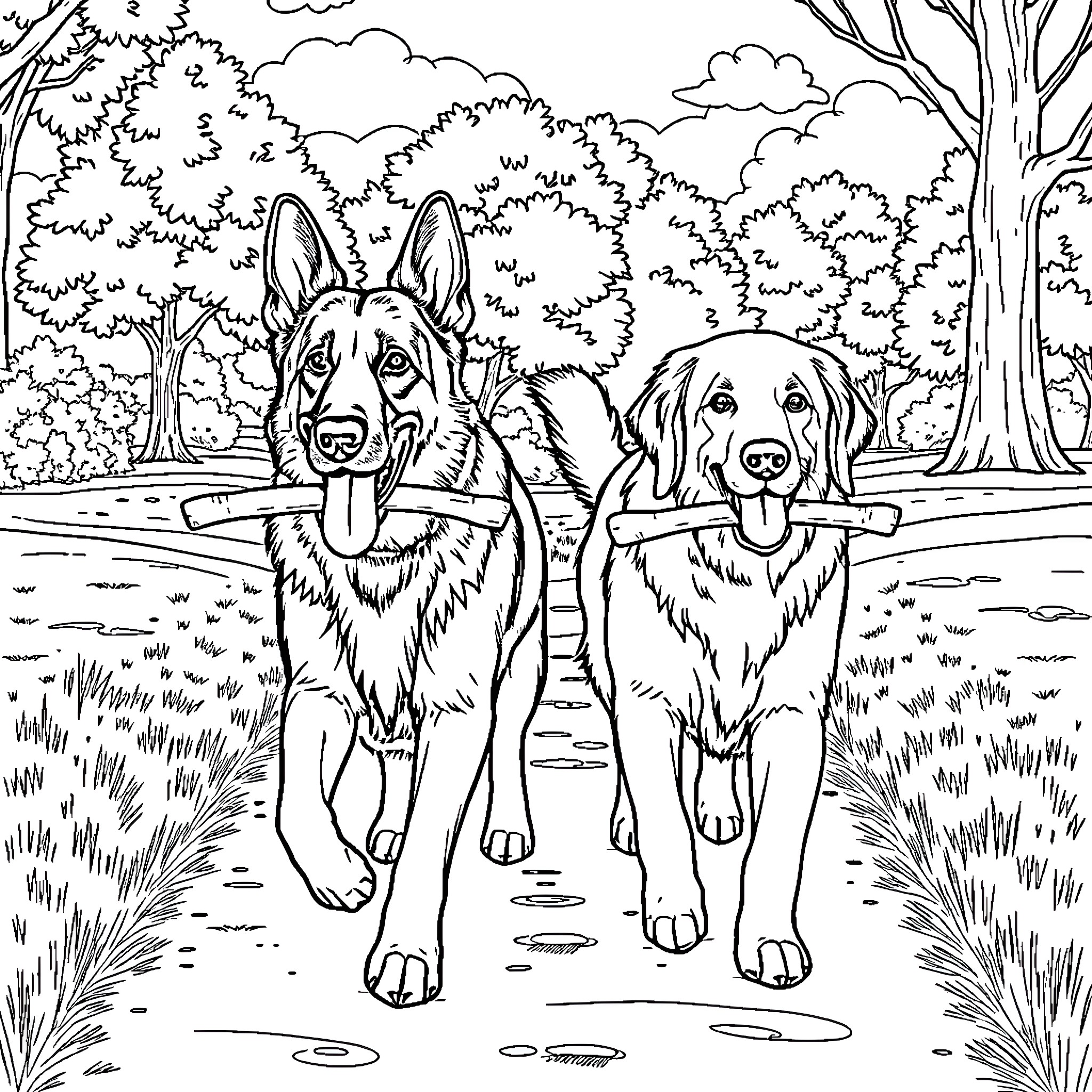 Dog companions enjoying a walk through the forest Coloring Page (free black-and-white line drawing printable PDF for all, from beginners to advanced learners, including children, teens, adults, and seniors)