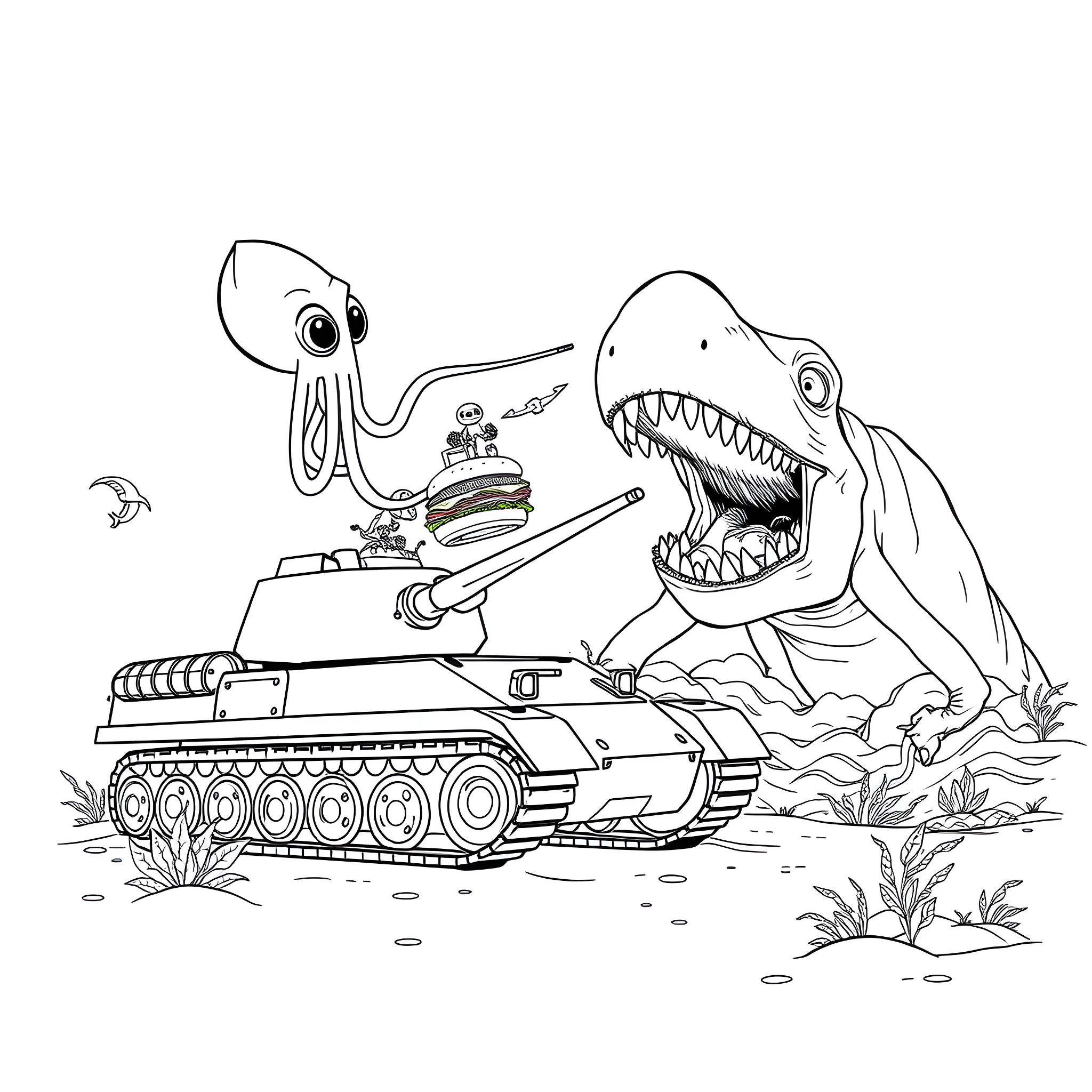Squid and Shark Battling with Tanks Coloring Page (free black-and-white line drawing printable PDF for all, from beginners to advanced learners, including children, teens, adults, and seniors)