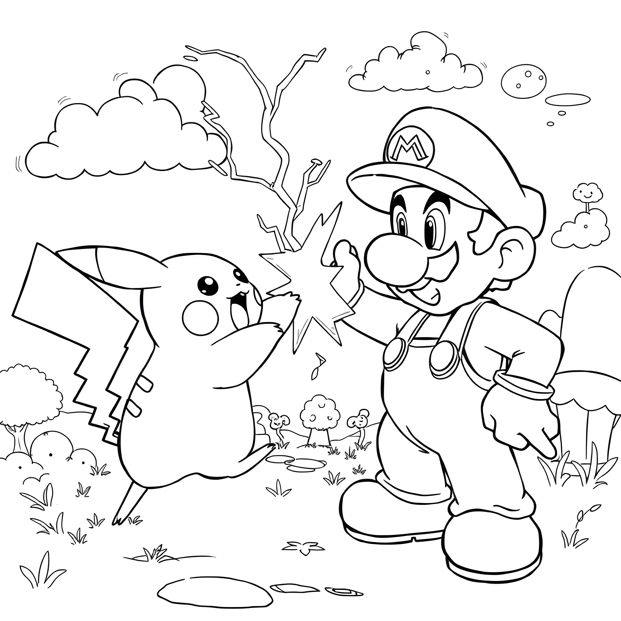 Pikachu and Mario adventuring in the forest Coloring Page (free black-and-white line drawing printable PDF for all, from beginners to advanced learners, including children, teens, adults, and seniors)