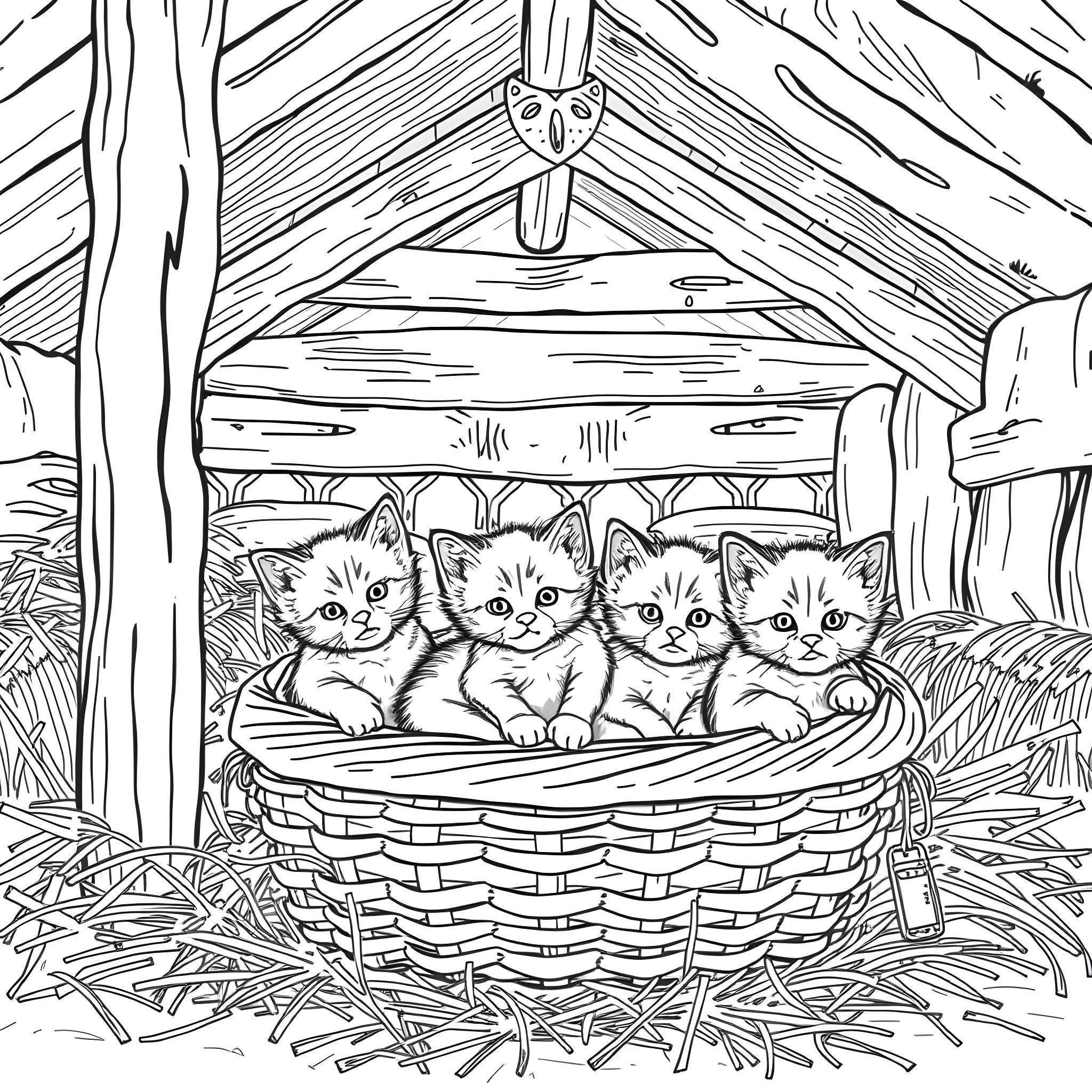 Kittens in a cozy basket Coloring Page (free black-and-white line drawing printable PDF for all, from beginners to advanced learners, including children, teens, adults, and seniors)