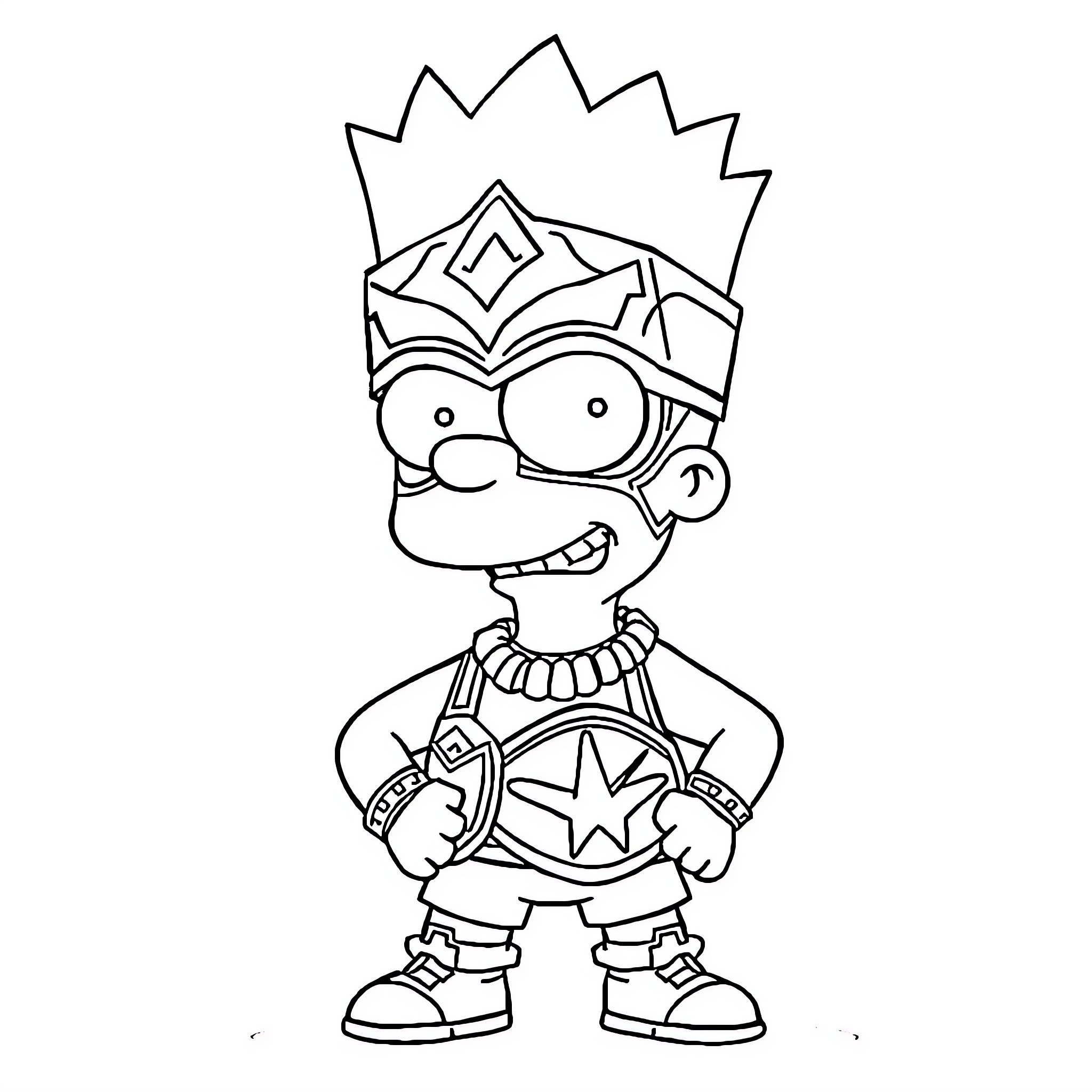 Bart Simpson in a Warrior Costume Coloring Page (free black-and-white line drawing printable PDF for all, from beginners to advanced learners, including children, teens, adults, and seniors)