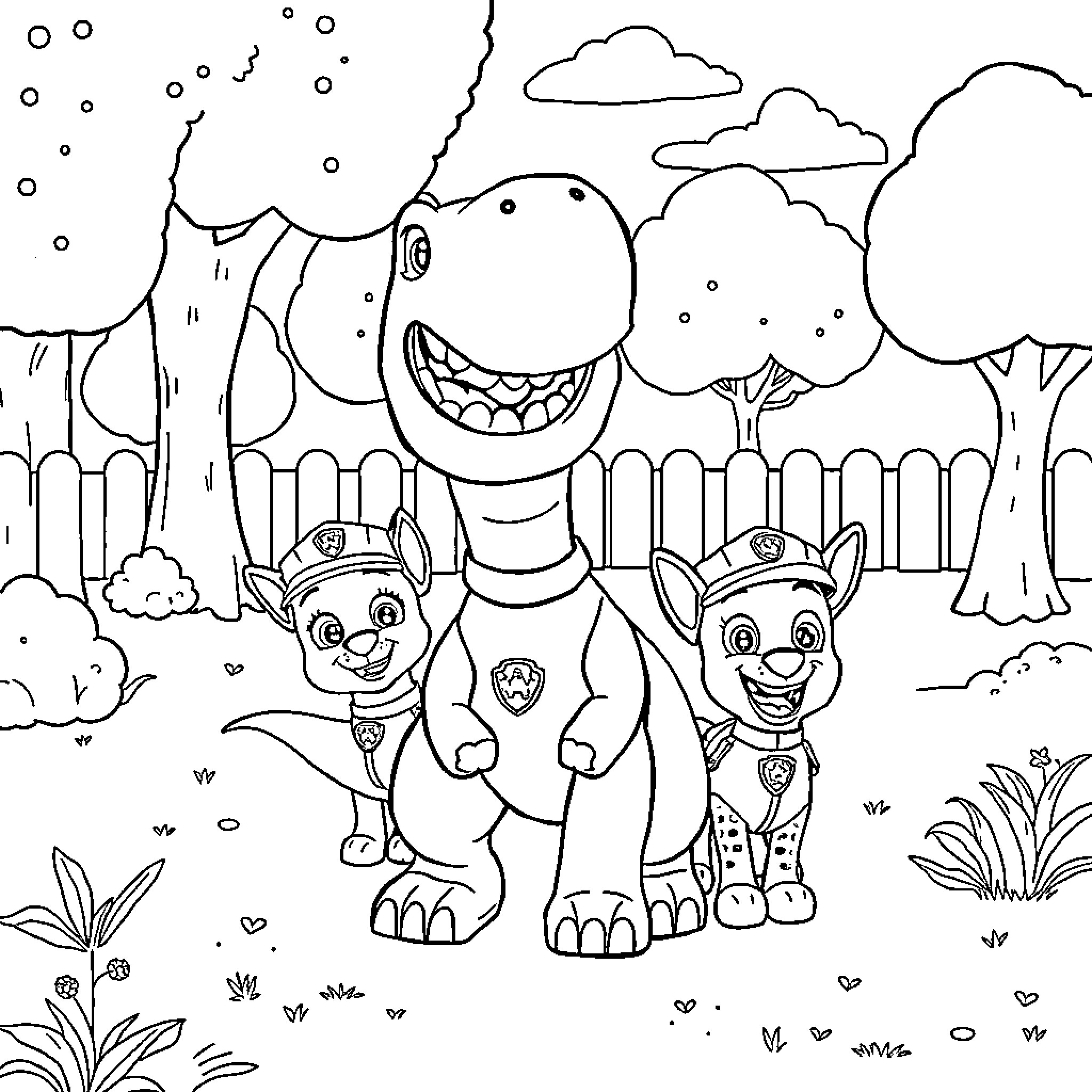 Dinosaur companions explore the forest with glee Coloring Page (free black-and-white line drawing printable PDF for all, from beginners to advanced learners, including children, teens, adults, and seniors)