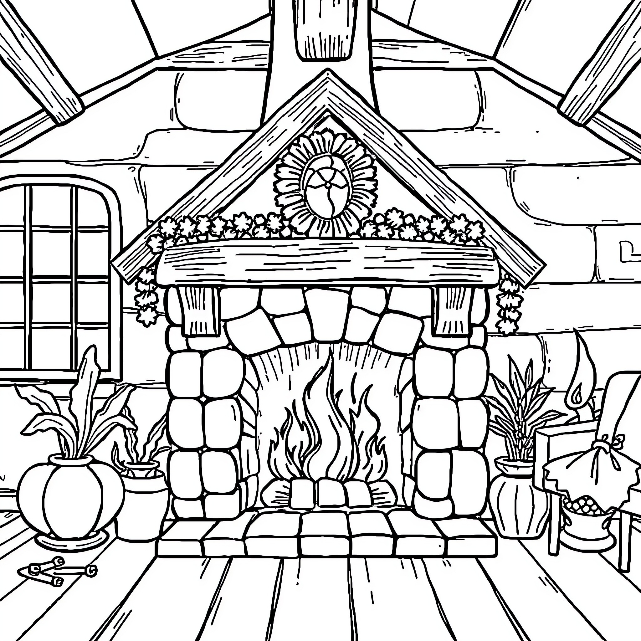 House with a Cozy Fireplace and Decorative Elements Coloring Page (free black-and-white line drawing printable PDF for all, from beginners to advanced learners, including children, teens, adults, and seniors)