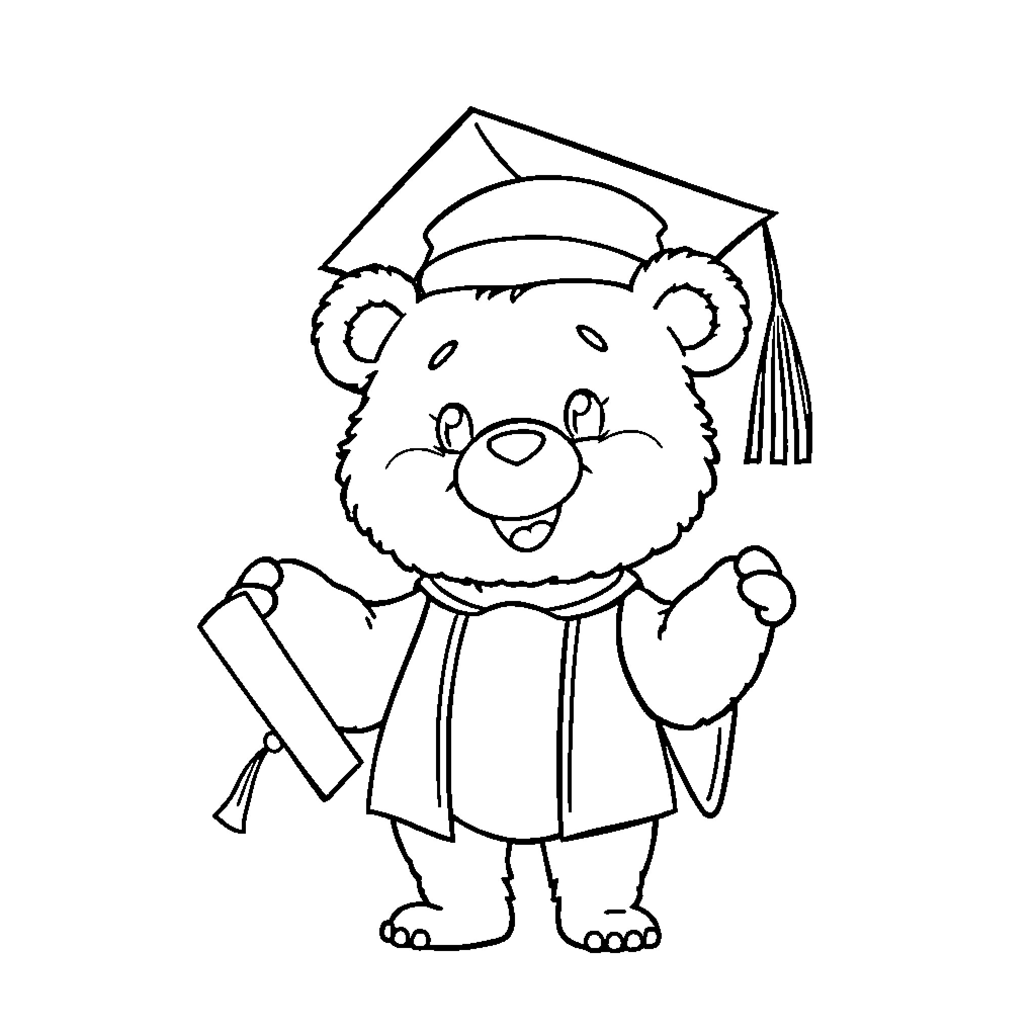 Carebear Graduates With Joy and Excitement Coloring Page (free black-and-white line drawing printable PDF for all, from beginners to advanced learners, including children, teens, adults, and seniors)