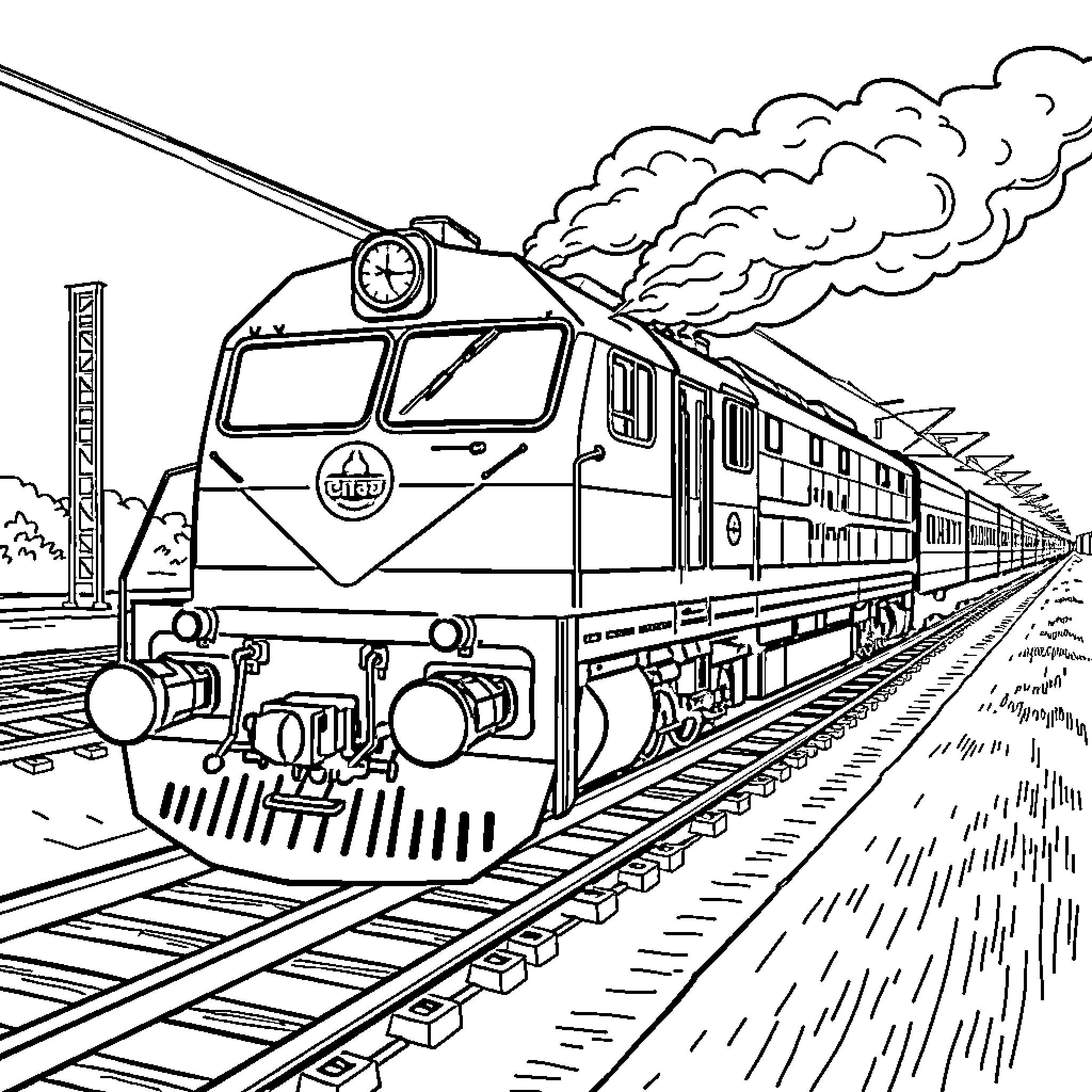 Locomotive speeding through the countryside Coloring Page (free black-and-white line drawing printable PDF for all, from beginners to advanced learners, including children, teens, adults, and seniors)