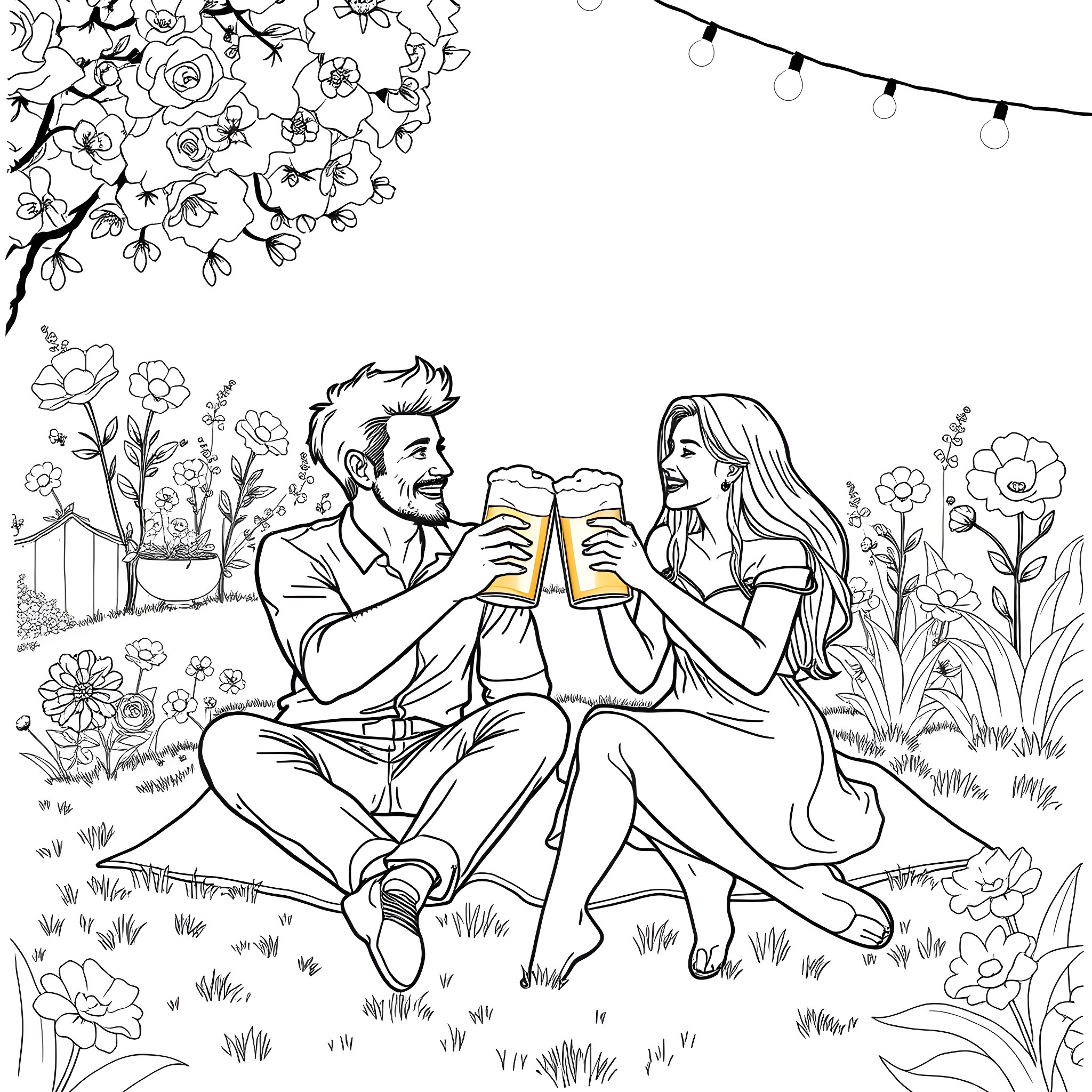 Couple Enjoying Drinks in Floral Garden Coloring Page (free black-and-white line drawing printable PDF for all, from beginners to advanced learners, including children, teens, adults, and seniors)