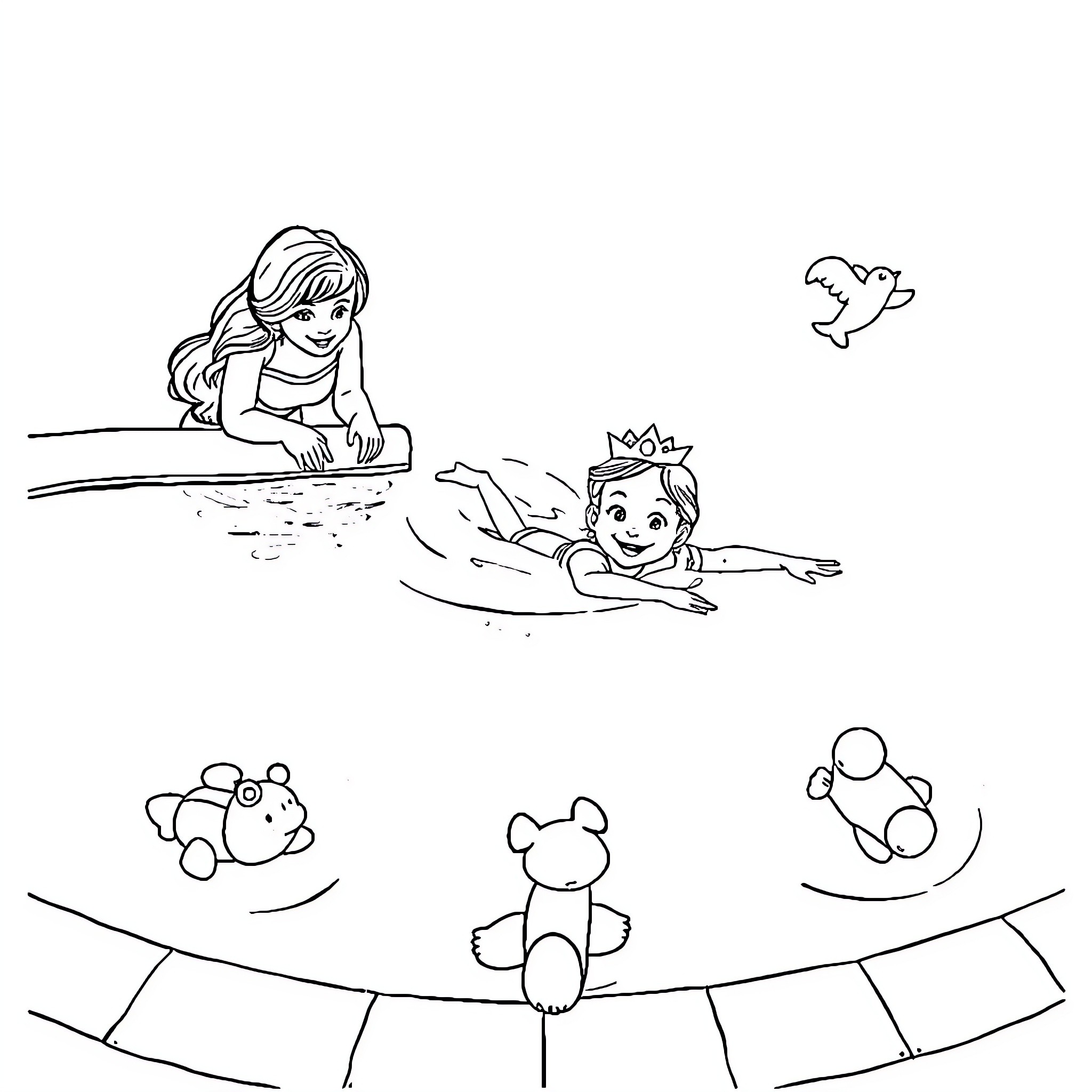 Princess swimming and playing with friends in the water Coloring Page (free black-and-white line drawing printable PDF for all, from beginners to advanced learners, including children, teens, adults, and seniors)