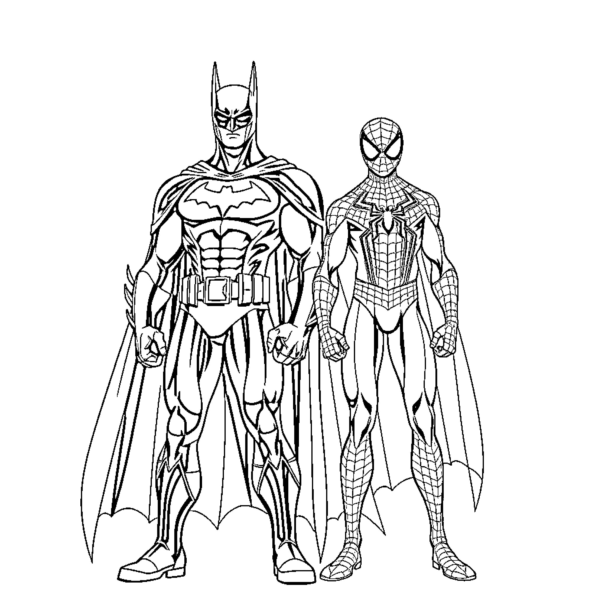 Batman and Spider-Man in action poses Coloring Page (free black-and-white line drawing printable PDF for all, from beginners to advanced learners, including children, teens, adults, and seniors)