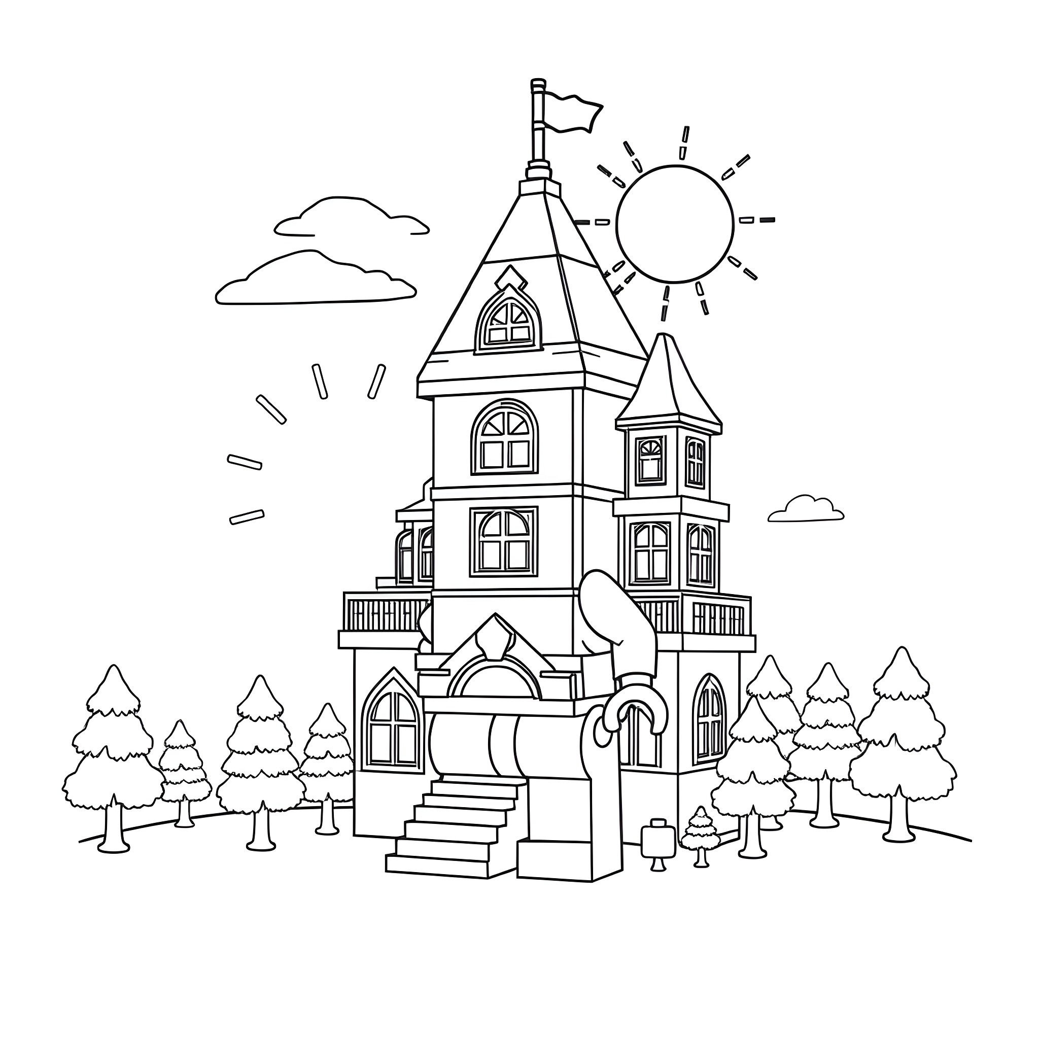 Lego Man exploring a whimsical Victorian mansion Coloring Page (free black-and-white line drawing printable PDF for all, from beginners to advanced learners, including children, teens, adults, and seniors)