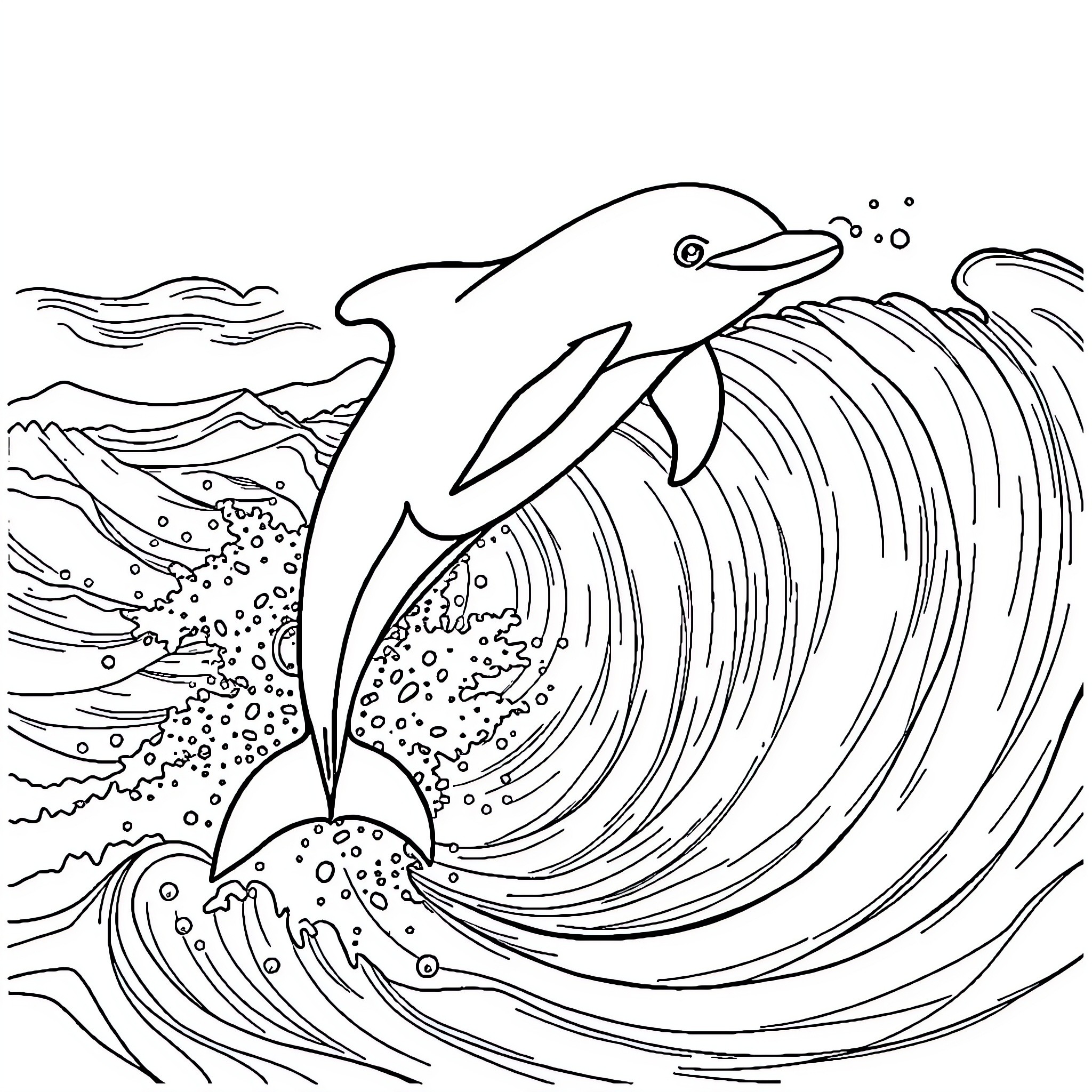 Dolphin surfing through ocean waves Coloring Page (free black-and-white line drawing printable PDF for all, from beginners to advanced learners, including children, teens, adults, and seniors)