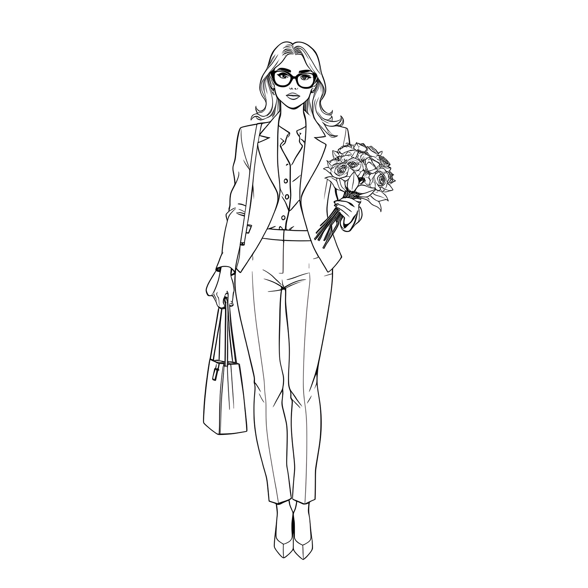 Woman in business attire holding a bouquet Coloring Page (free black-and-white line drawing printable PDF for all, from beginners to advanced learners, including children, teens, adults, and seniors)
