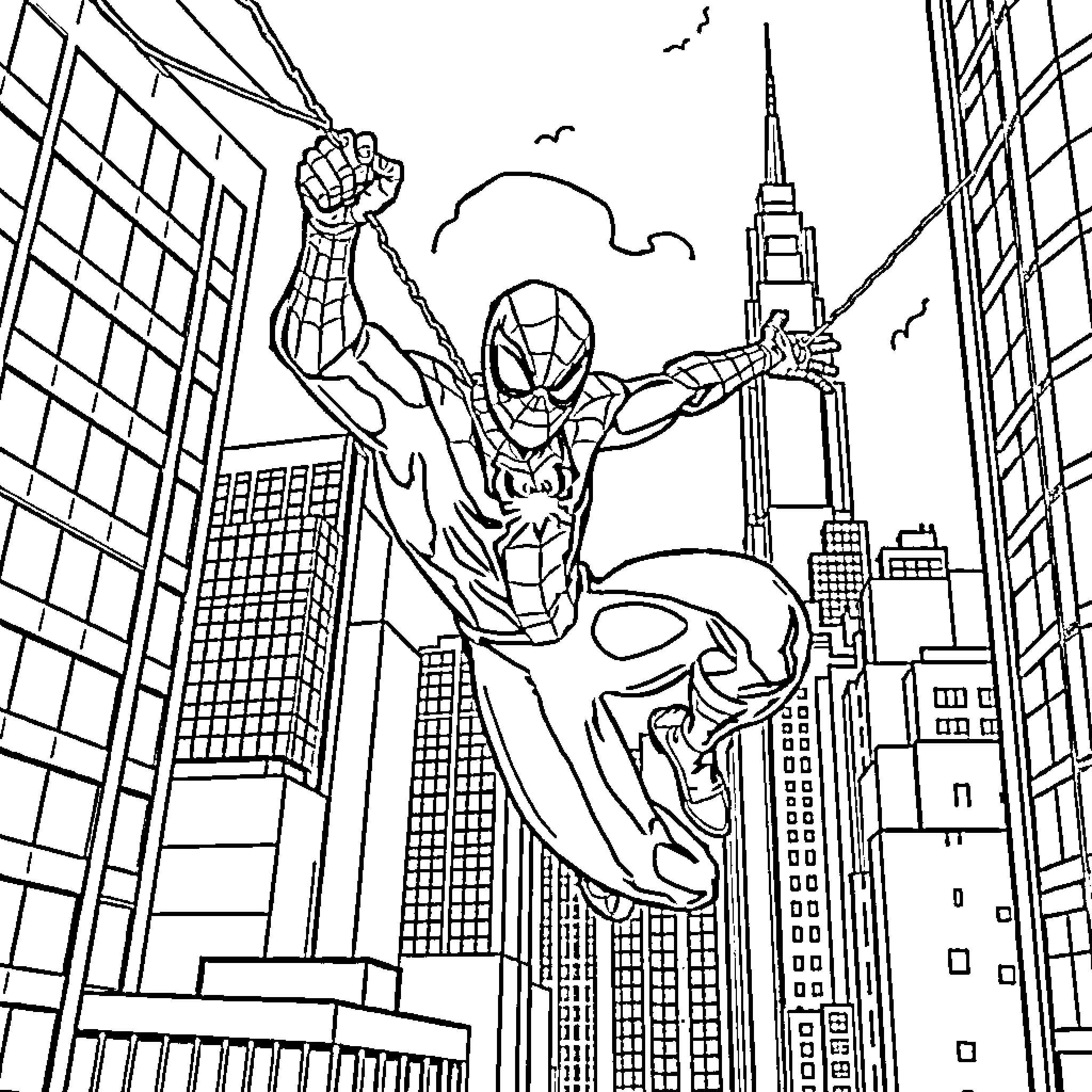 Spiderman swinging through the city skyline Coloring Page (free black-and-white line drawing printable PDF for all, from beginners to advanced learners, including children, teens, adults, and seniors)