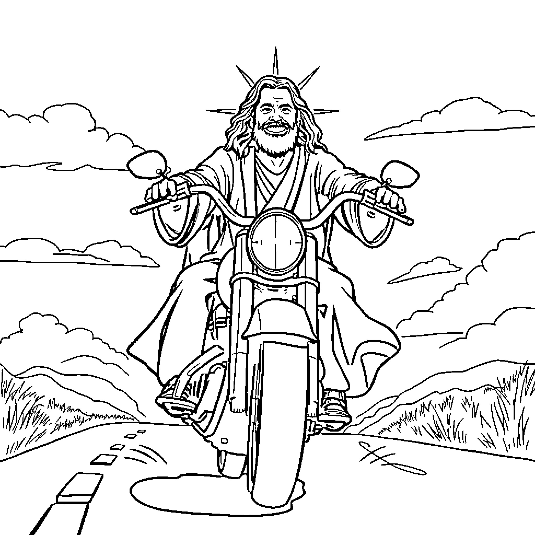 Jesus riding a motorcycle in nature Coloring Page (free black-and-white line drawing printable PDF for all, from beginners to advanced learners, including children, teens, adults, and seniors)