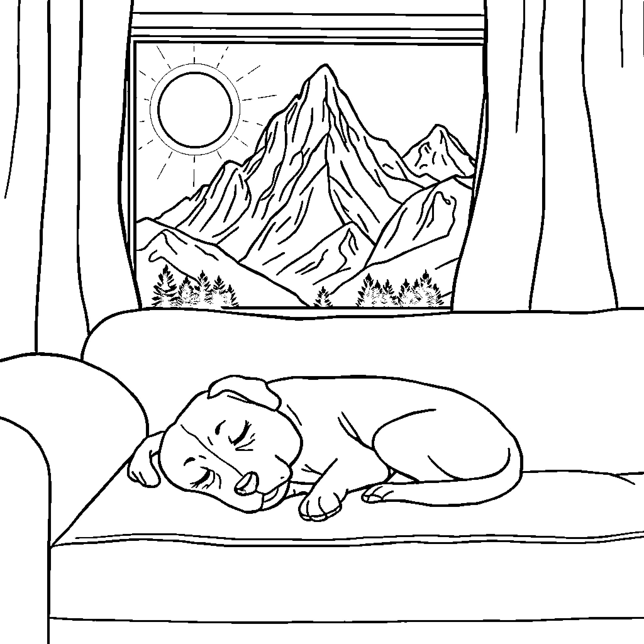 Dog sleeping peacefully by the mountain window Coloring Page (free black-and-white line drawing printable PDF for all, from beginners to advanced learners, including children, teens, adults, and seniors)