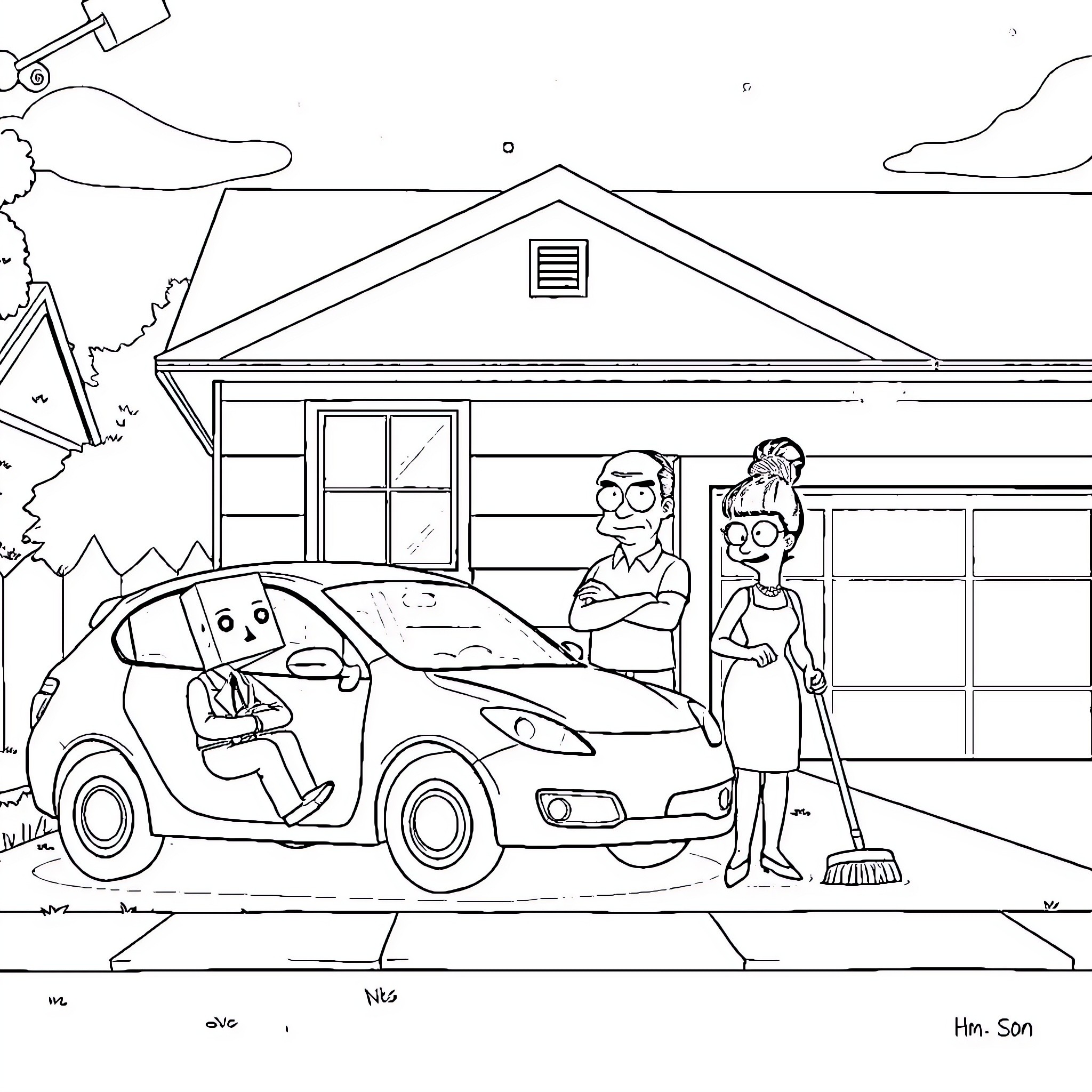 Cartoon Family Cleaning Up Yard With Car Coloring Page (free black-and-white line drawing printable PDF for all, from beginners to advanced learners, including children, teens, adults, and seniors)