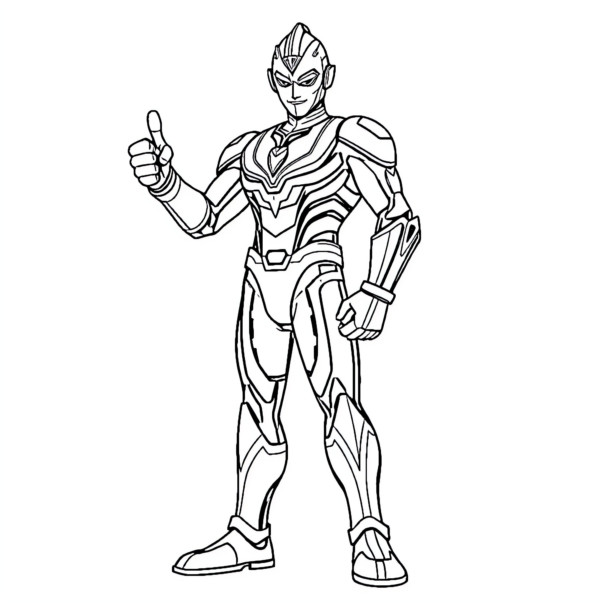 Ultraman in heroic pose with futuristic armor Coloring Page (free black-and-white line drawing printable PDF for all, from beginners to advanced learners, including children, teens, adults, and seniors)