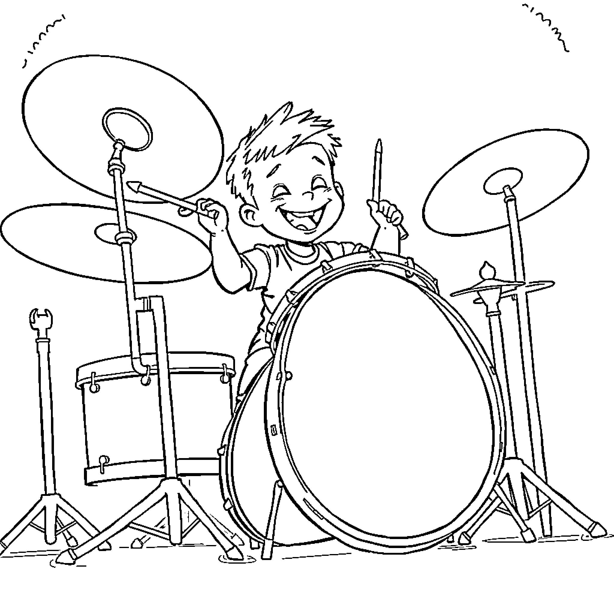 Drum kit performance by a cheerful musician Coloring Page (free black-and-white line drawing printable PDF for all, from beginners to advanced learners, including children, teens, adults, and seniors)