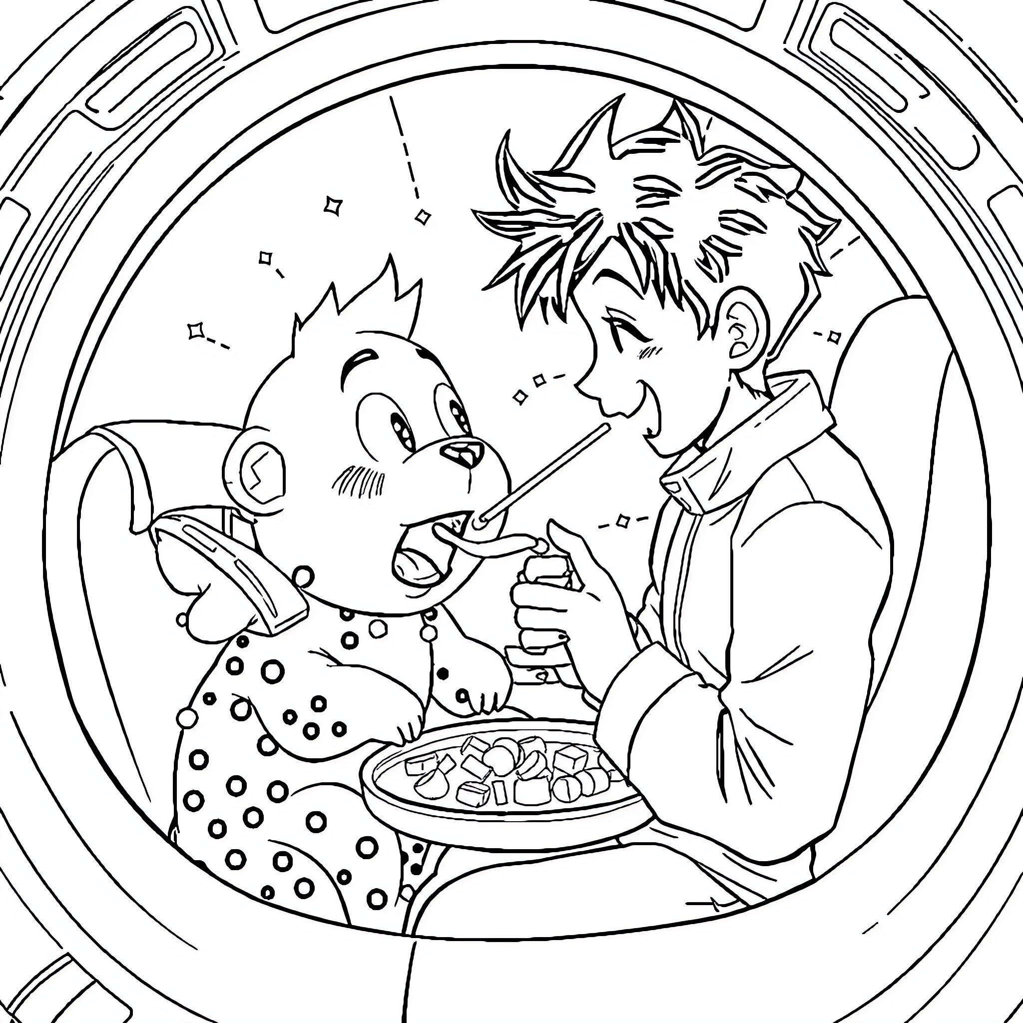 Daisuke sharing a meal with his eccentric friend Coloring Page (free black-and-white line drawing printable PDF for all, from beginners to advanced learners, including children, teens, adults, and seniors)