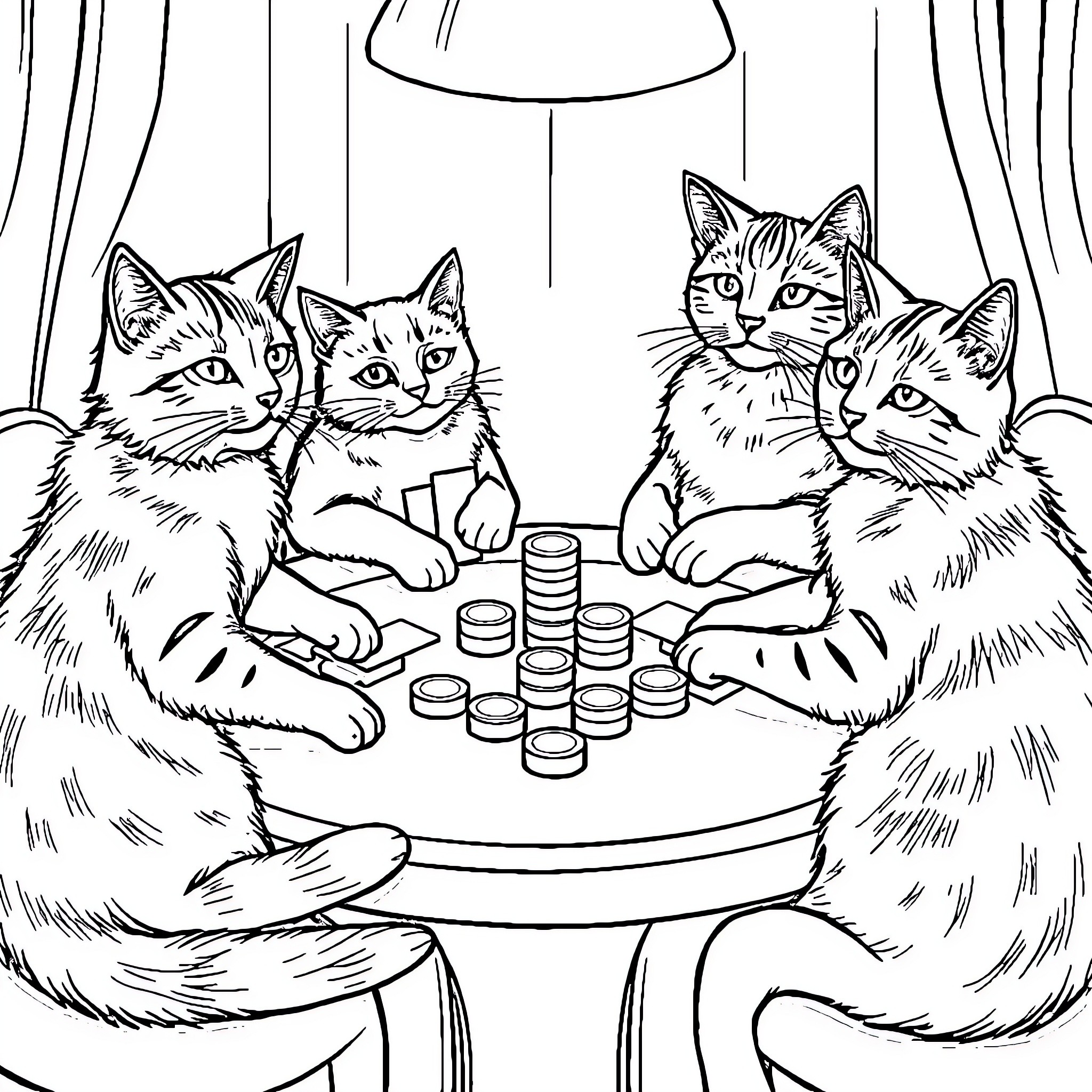 Cats Playing a Game with Coins Coloring Page (free black-and-white line drawing printable PDF for all, from beginners to advanced learners, including children, teens, adults, and seniors)