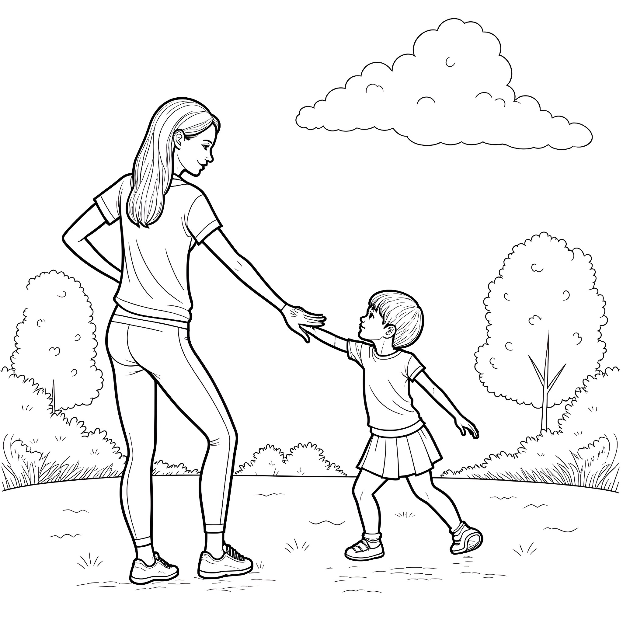 Mom and child walking together in the park Coloring Page (free black-and-white line drawing printable PDF for all, from beginners to advanced learners, including children, teens, adults, and seniors)