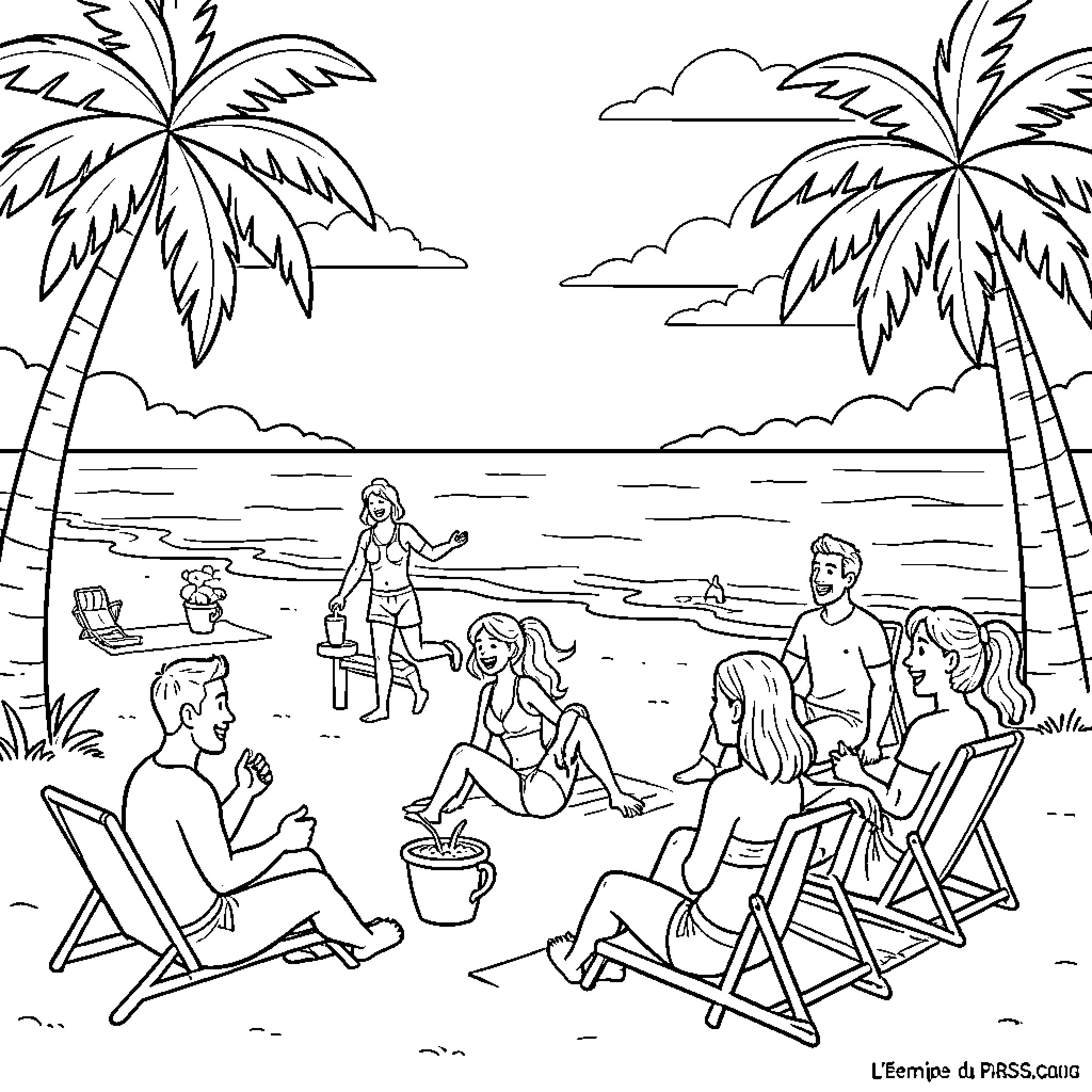 PSG group of friends relaxing on a sunny beach Coloring Page (free black-and-white line drawing printable PDF for all, from beginners to advanced learners, including children, teens, adults, and seniors)