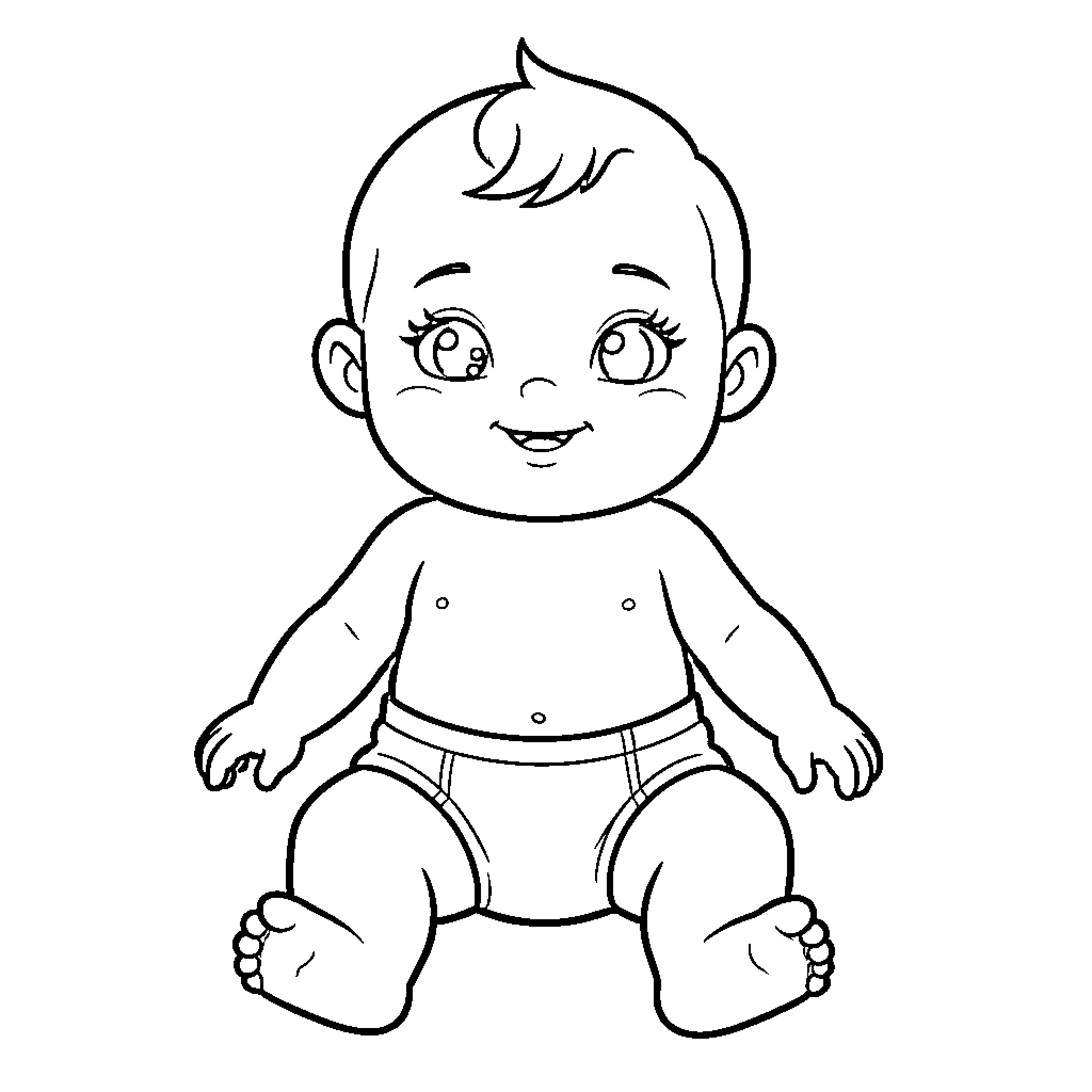 Baby in diaper smiling playfully Coloring Page (free black-and-white line drawing printable PDF for all, from beginners to advanced learners, including children, teens, adults, and seniors)
