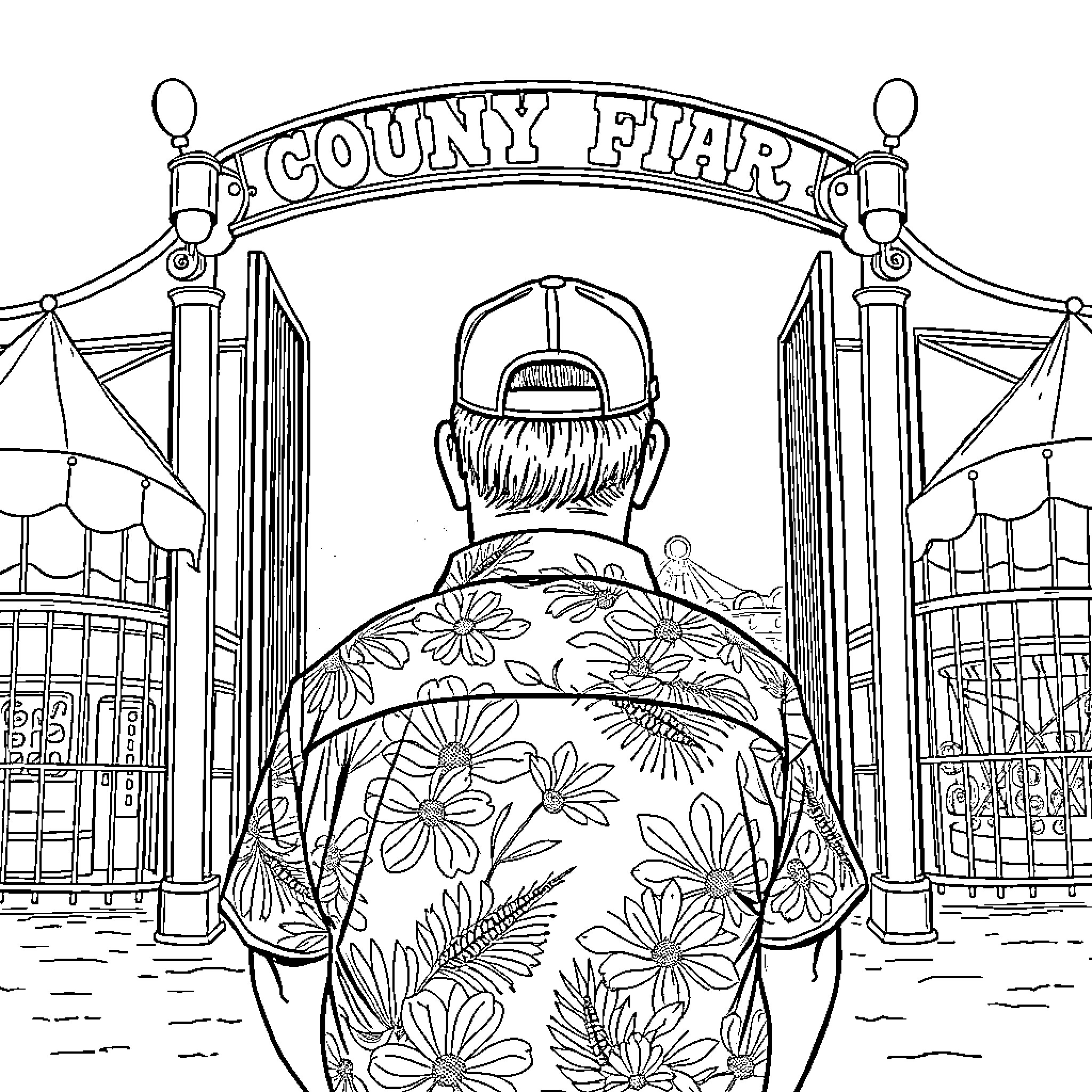 Man standing at the entrance of the County Fair Coloring Page (free black-and-white line drawing printable PDF for all, from beginners to advanced learners, including children, teens, adults, and seniors)