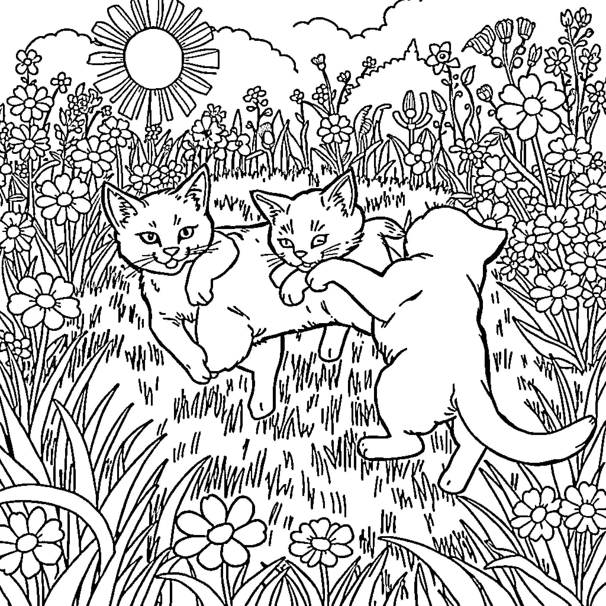 Cats Exploring the Floral Garden Coloring Page (free black-and-white line drawing printable PDF for all, from beginners to advanced learners, including children, teens, adults, and seniors)