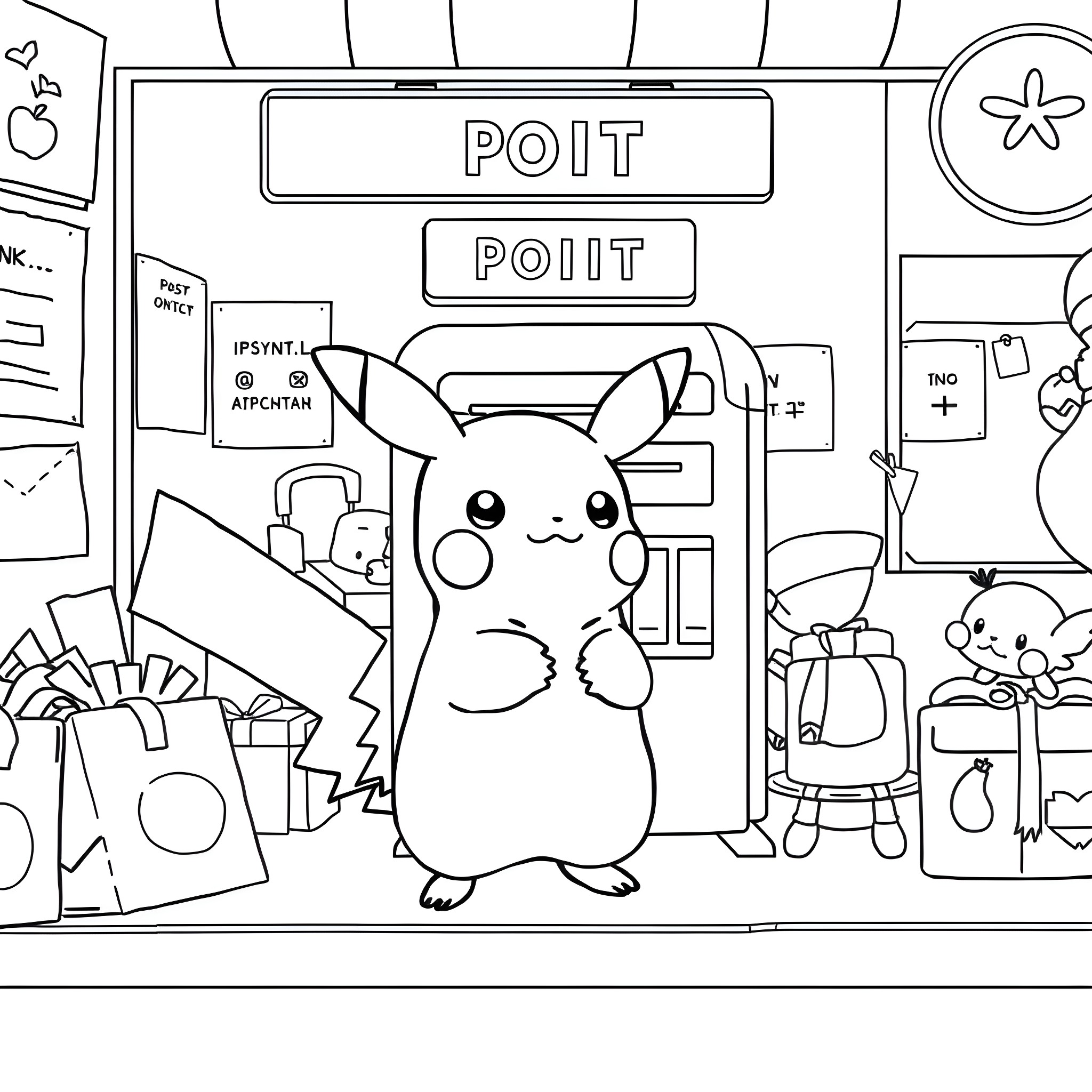 Pikachu relaxing in a Pokemon convenience store Coloring Page (free black-and-white line drawing printable PDF for all, from beginners to advanced learners, including children, teens, adults, and seniors)