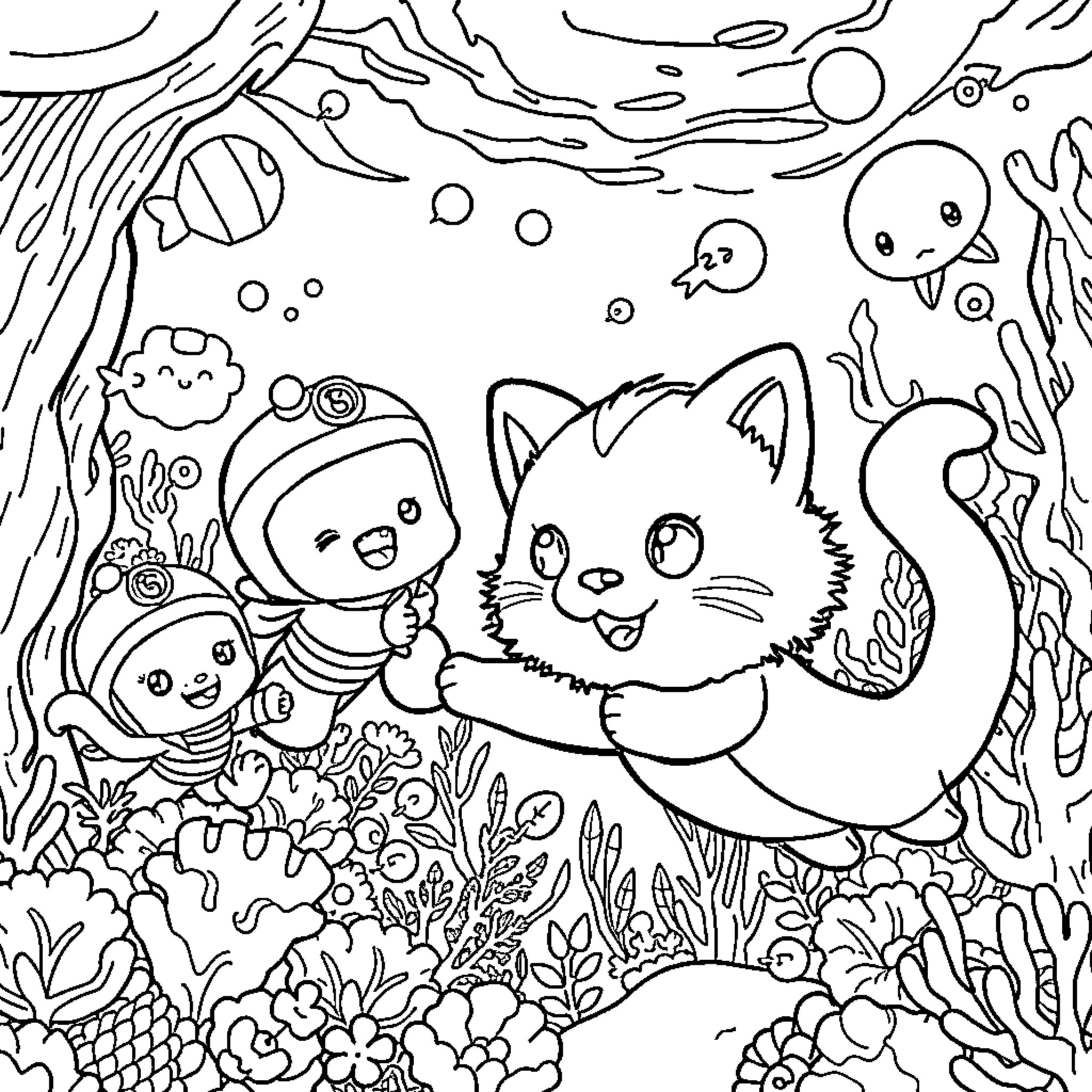 Octonauts exploring the vibrant underwater world Coloring Page (free black-and-white line drawing printable PDF for all, from beginners to advanced learners, including children, teens, adults, and seniors)