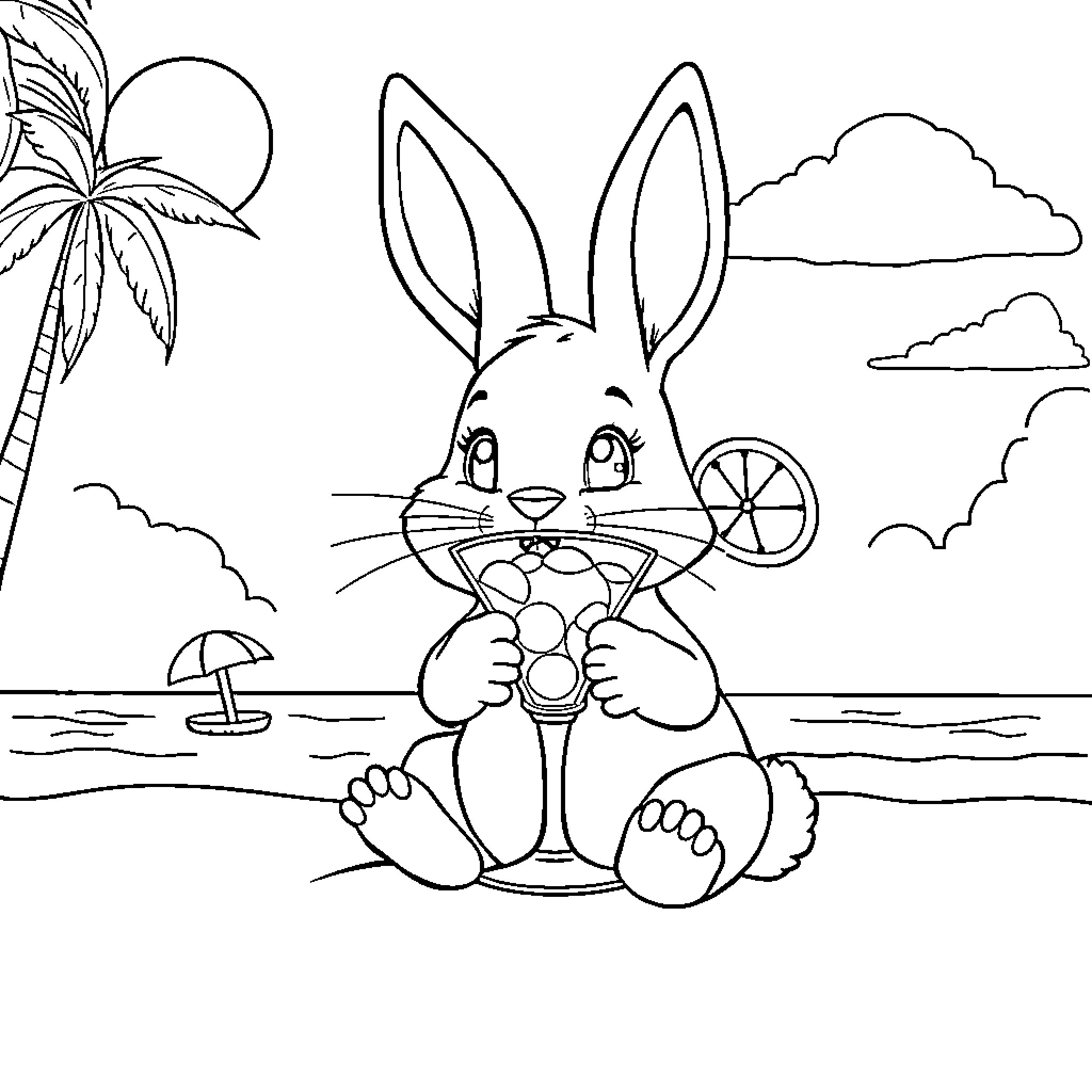 Bunny relaxing on the beach Coloring Page (free black-and-white line drawing printable PDF for all, from beginners to advanced learners, including children, teens, adults, and seniors)
