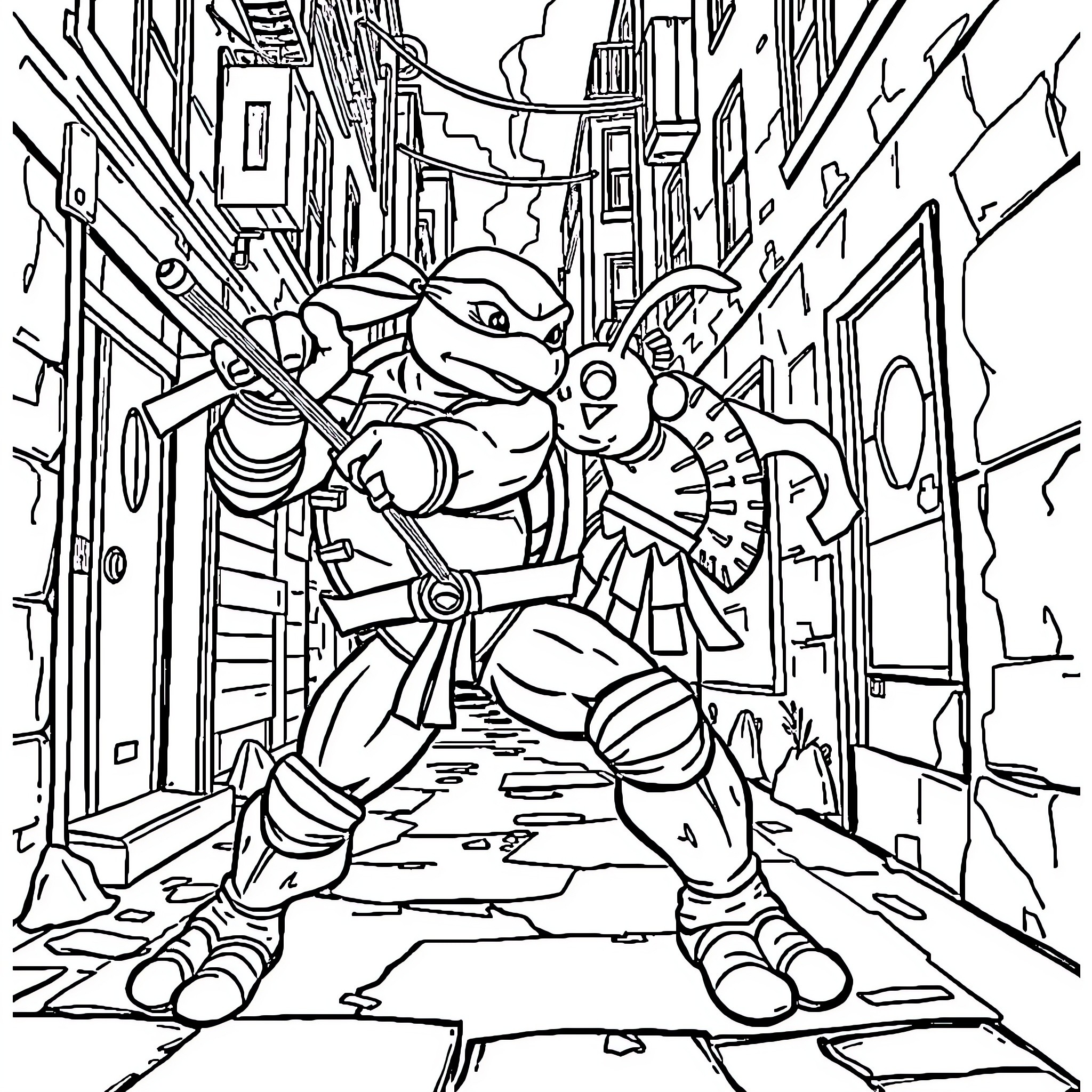 Teenage Mutant Ninja Turtle Heroic Pose in Alley Coloring Page (free black-and-white line drawing printable PDF for all, from beginners to advanced learners, including children, teens, adults, and seniors)