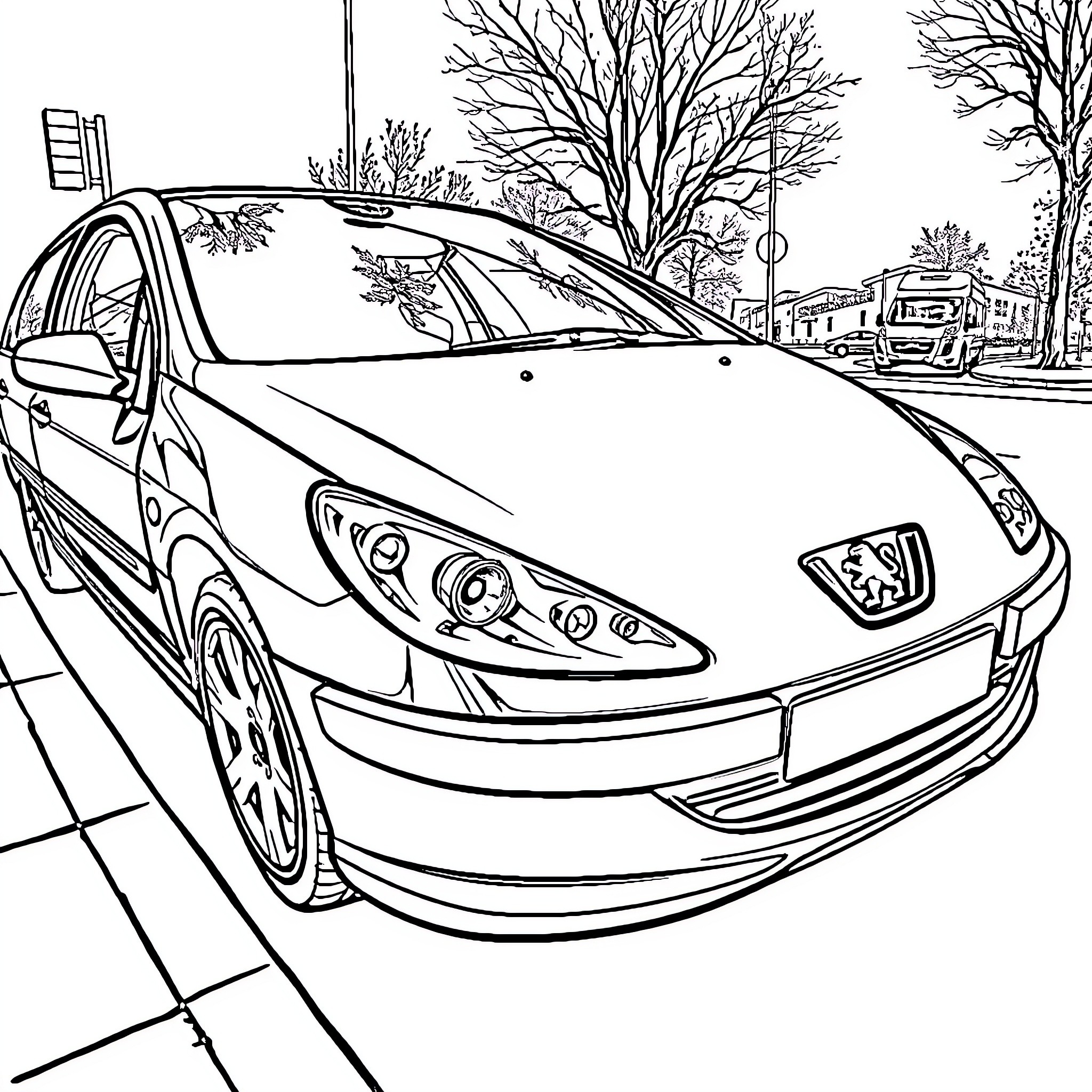 Peugeot vehicle on a city street with bare trees Coloring Page (free black-and-white line drawing printable PDF for all, from beginners to advanced learners, including children, teens, adults, and seniors)