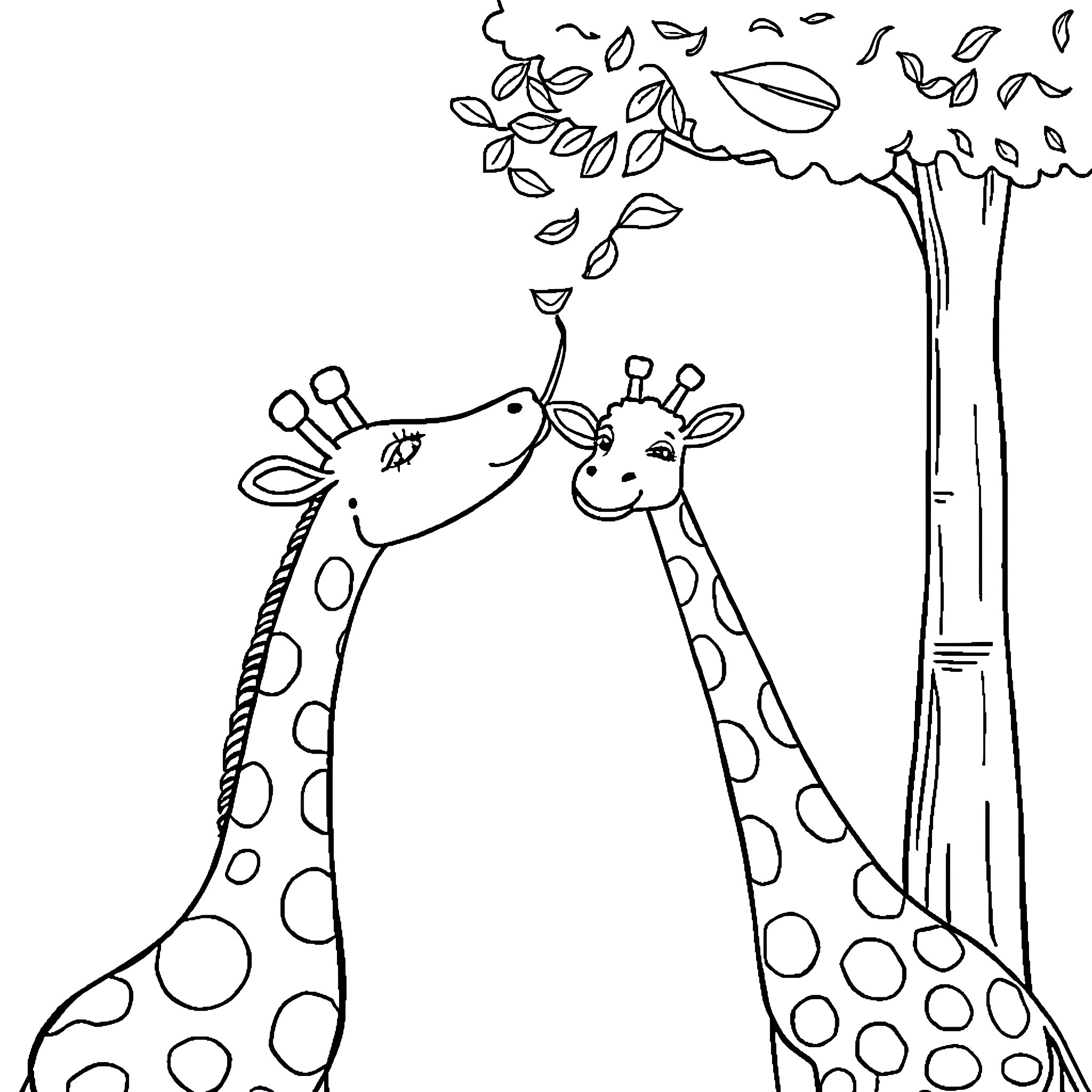 Giraffes enjoying the breeze under a tree Coloring Page (free black-and-white line drawing printable PDF for all, from beginners to advanced learners, including children, teens, adults, and seniors)