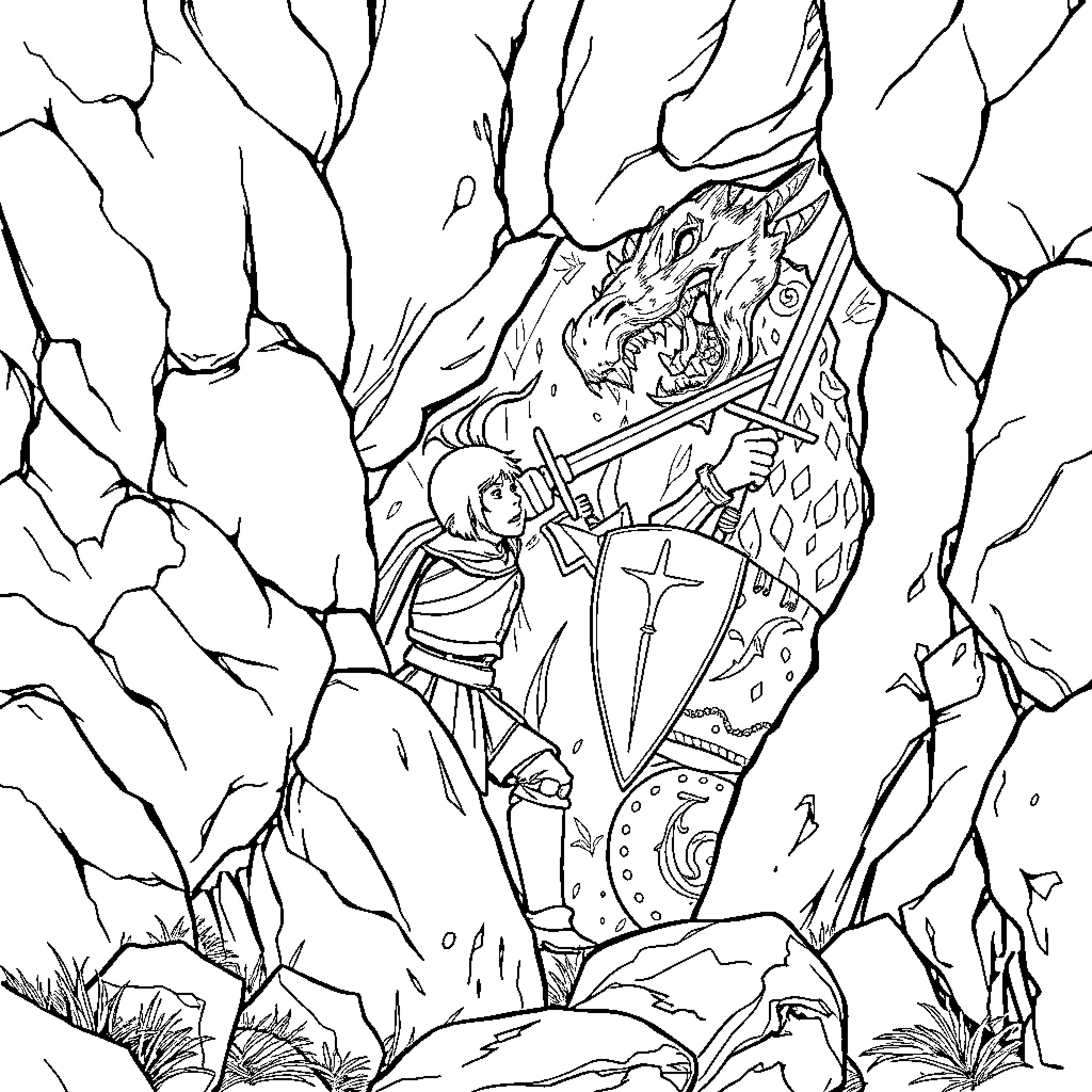 Knight battling a fierce dragon in a rocky landscape Coloring Page (free black-and-white line drawing printable PDF for all, from beginners to advanced learners, including children, teens, adults, and seniors)