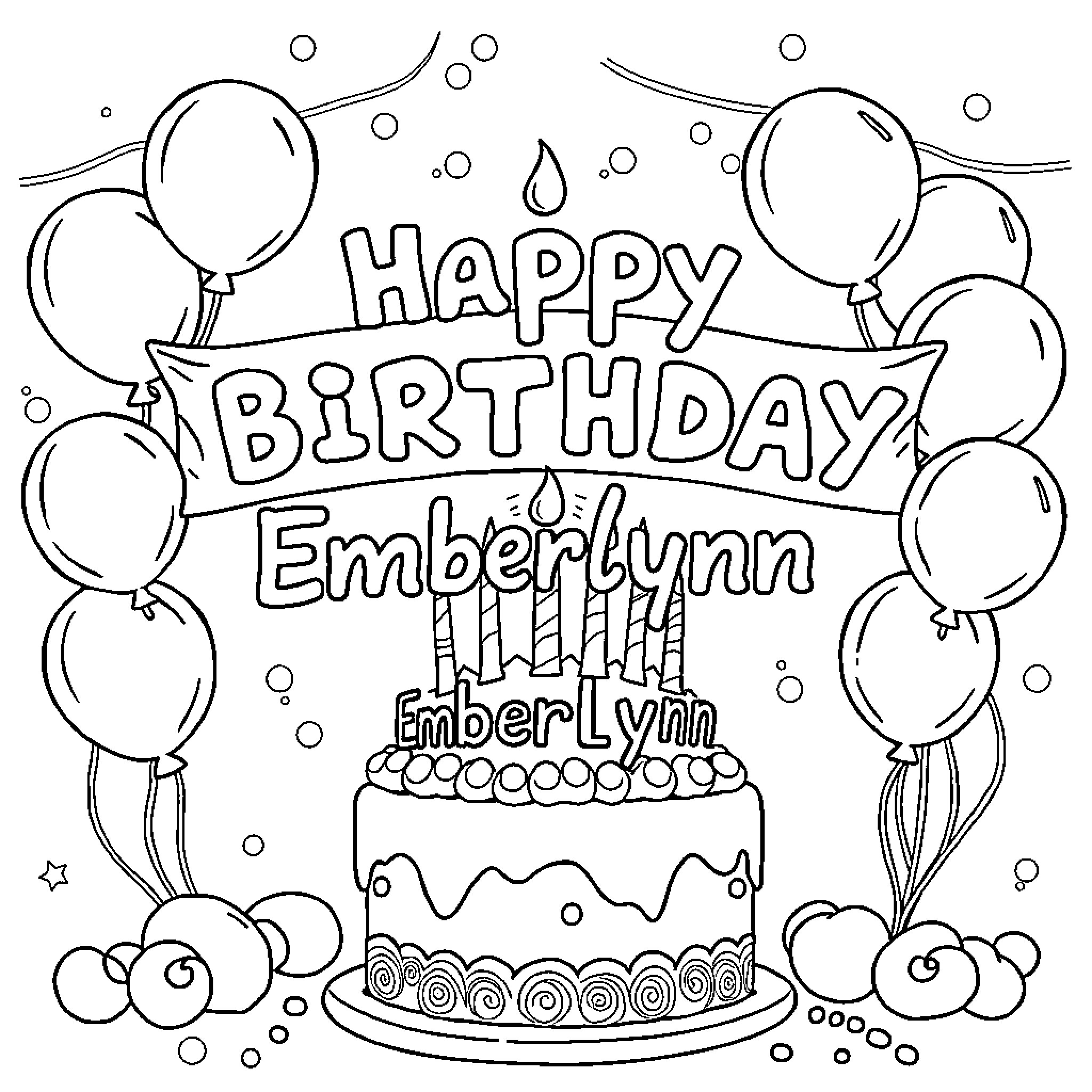 Birthday Celebration with Cake and Balloons Coloring Page (free black-and-white line drawing printable PDF for all, from beginners to advanced learners, including children, teens, adults, and seniors)