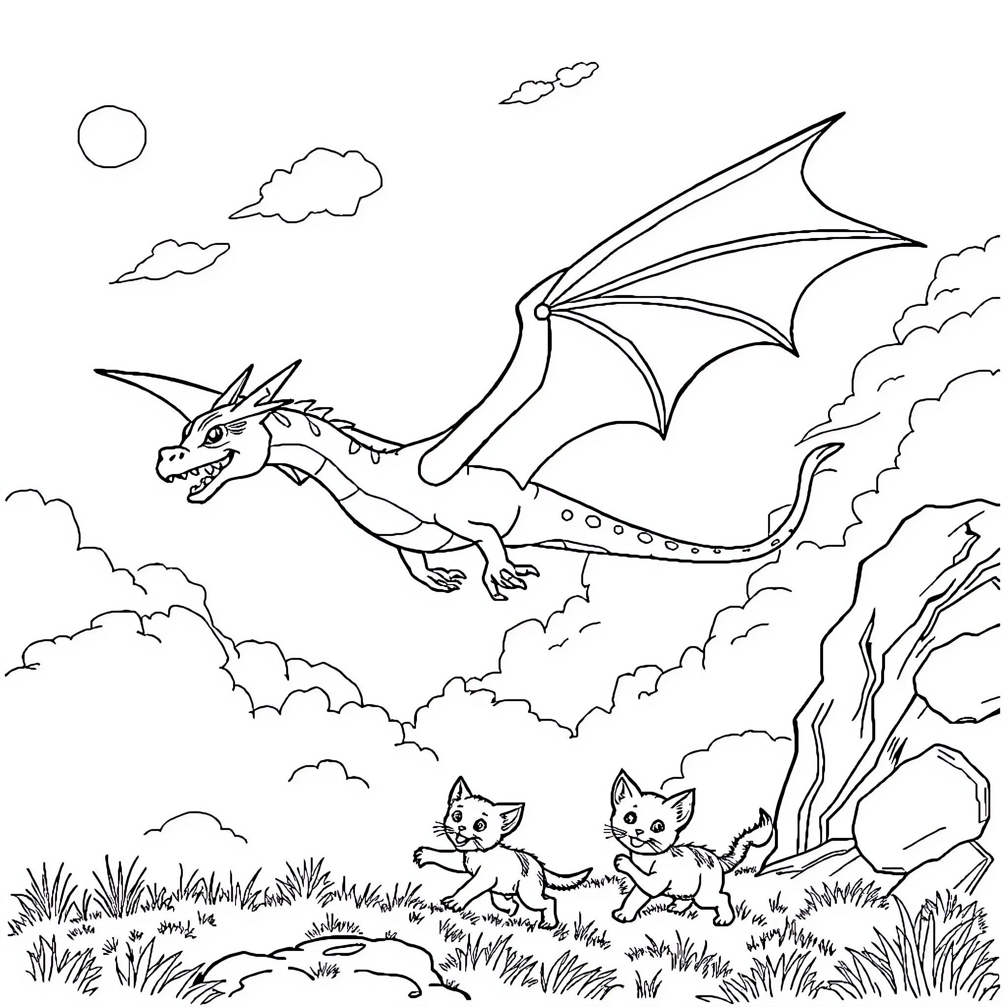 Dragon soaring over playful kittens in the clouds Coloring Page (free black-and-white line drawing printable PDF for all, from beginners to advanced learners, including children, teens, adults, and seniors)